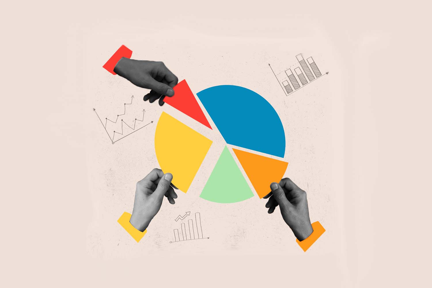 Different colored hands grabbing a bar graph