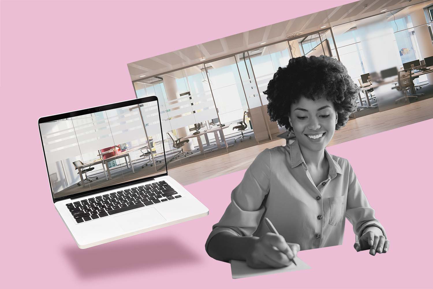 Person writing in front of a collage of a laptop and office