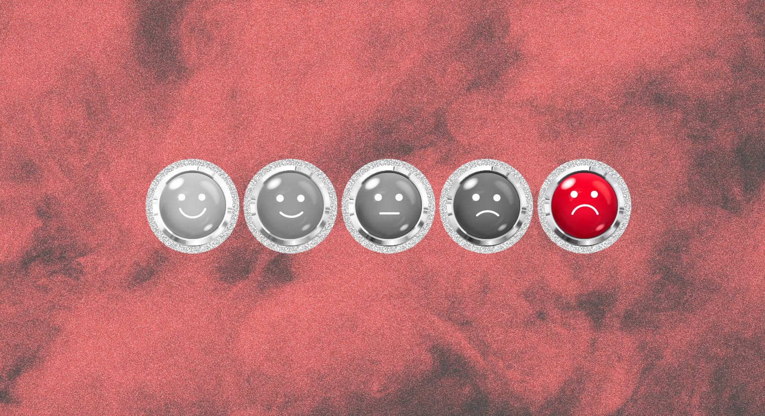 Happiness buttons in black and white and a bright-red, unhappy button.