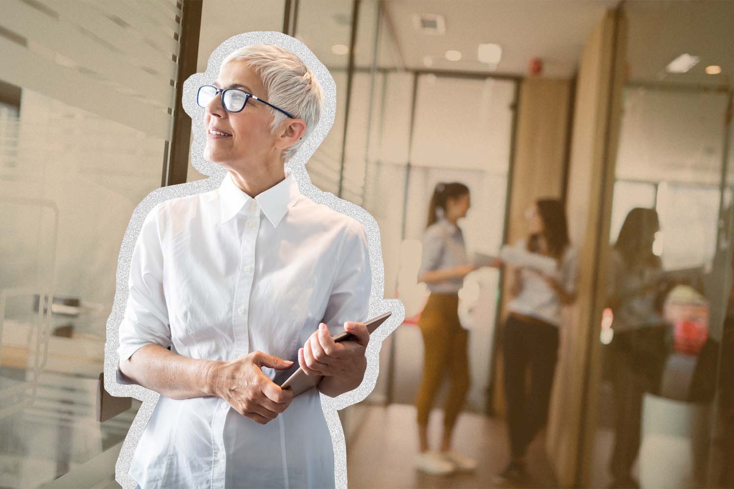 Woman walking down hallway