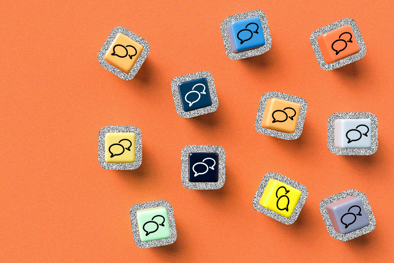 Colorful dice with quote bubbles against an orange backdrop