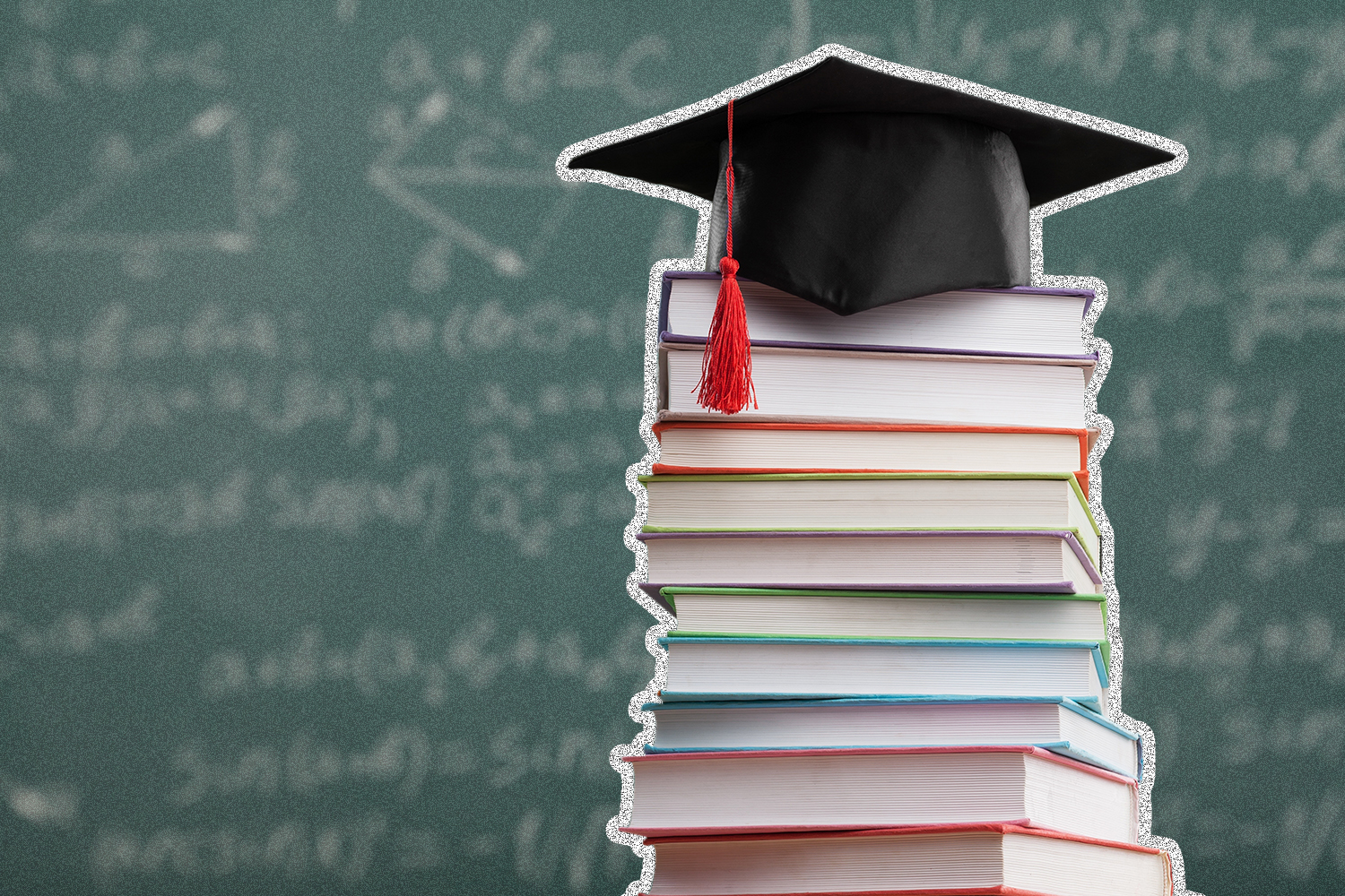 Image of a graduation cap on top of a pile of textbooks