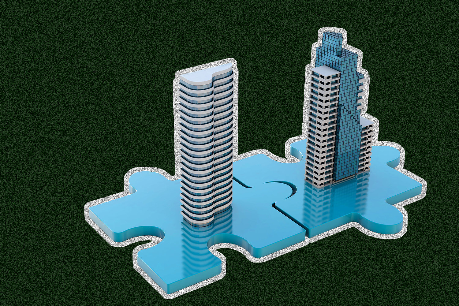 Two puzzle pieces with building models on them fitting together.