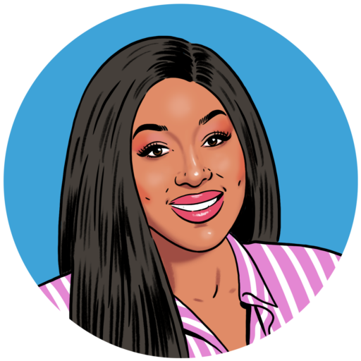 Illustrated headshot of Netta Jenkins on a blue background