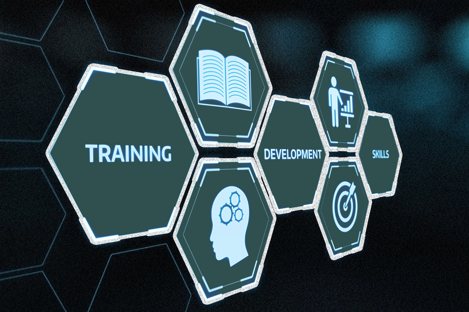 Digital icons of a book, a brain, a target, and the words "training," "development," and "skills.