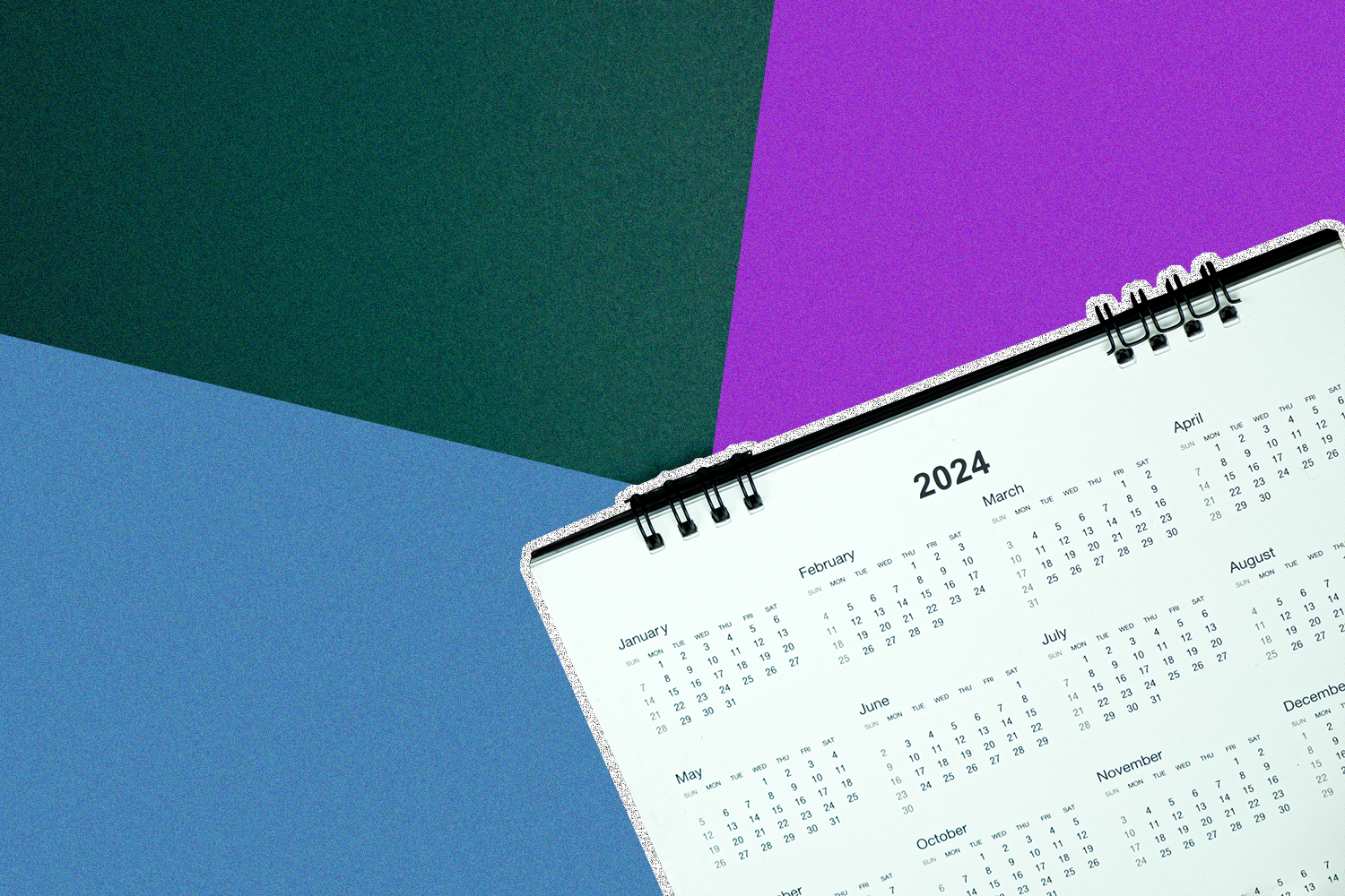 A 2024 calendar on a blue, green, and purple background