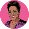 Illustrated headshot of Janelle Armstrong on a pink background