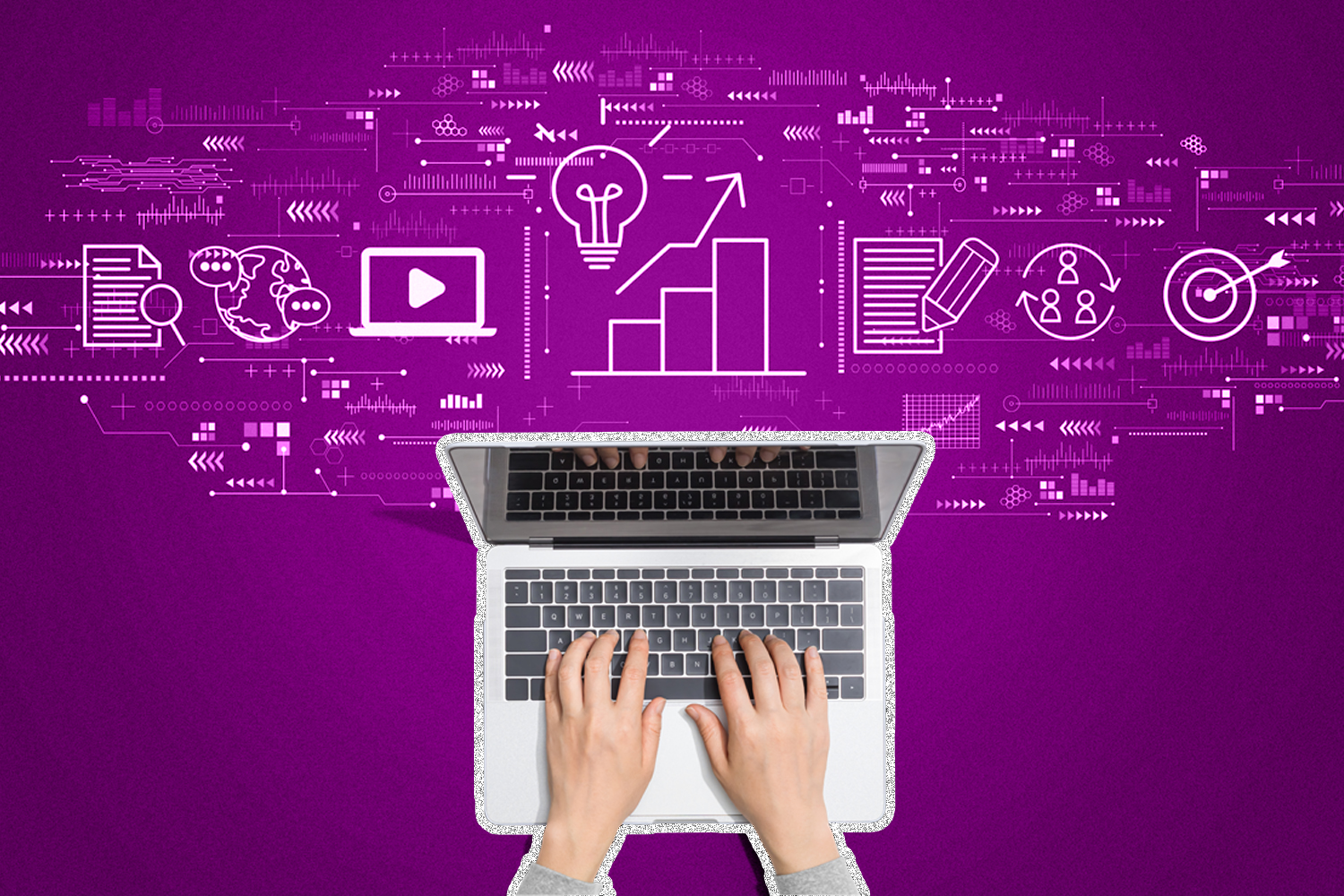 Two hands typing on a laptop on a purple background with various white tech icons