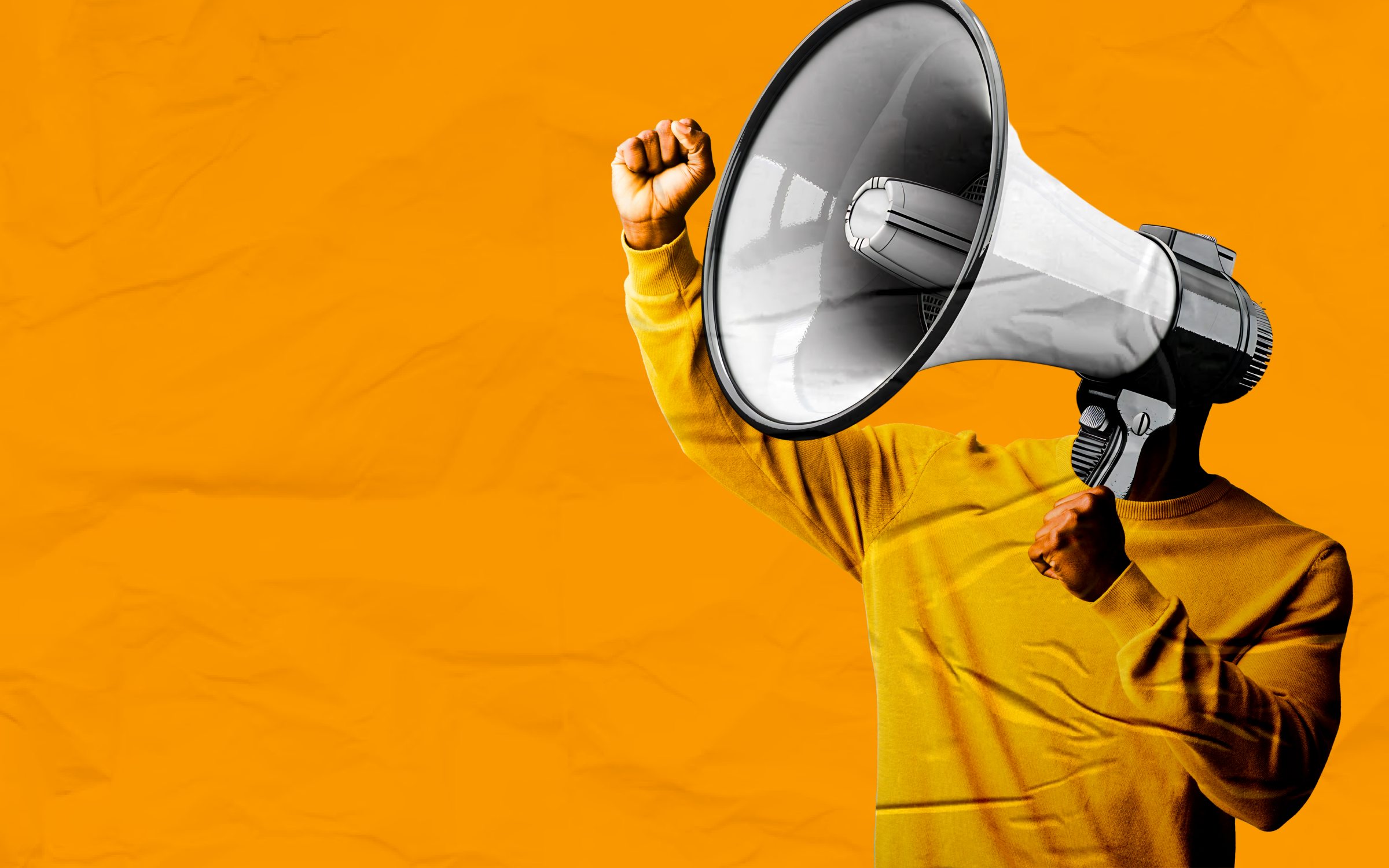 Conceptual digital artwork of a person with a megaphone as their head, symbolizing influencer marketing, amplification of messages, and the power of digital communication.