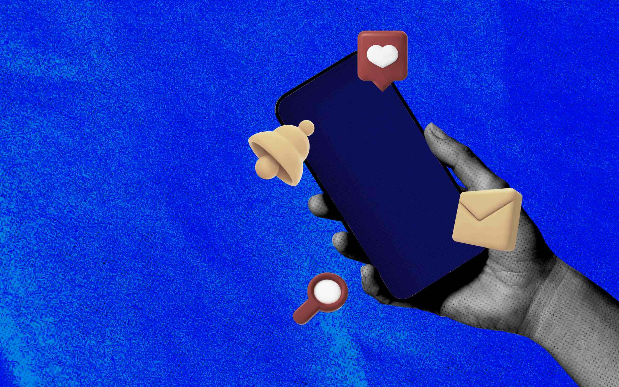 Hand holding a smartphone against a vibrant blue background, with floating notification icons including a heart, bell, envelope, and magnifying glass, symbolizing social commerce engagement and digital marketing strategies.