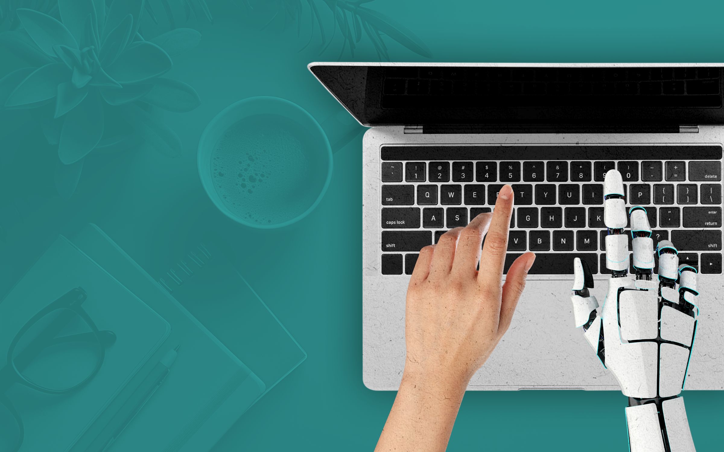 A human hand and a robotic hand typing on a laptop keyboard, symbolizing the integration of artificial intelligence in the workplace and the collaboration between humans and AI technology.