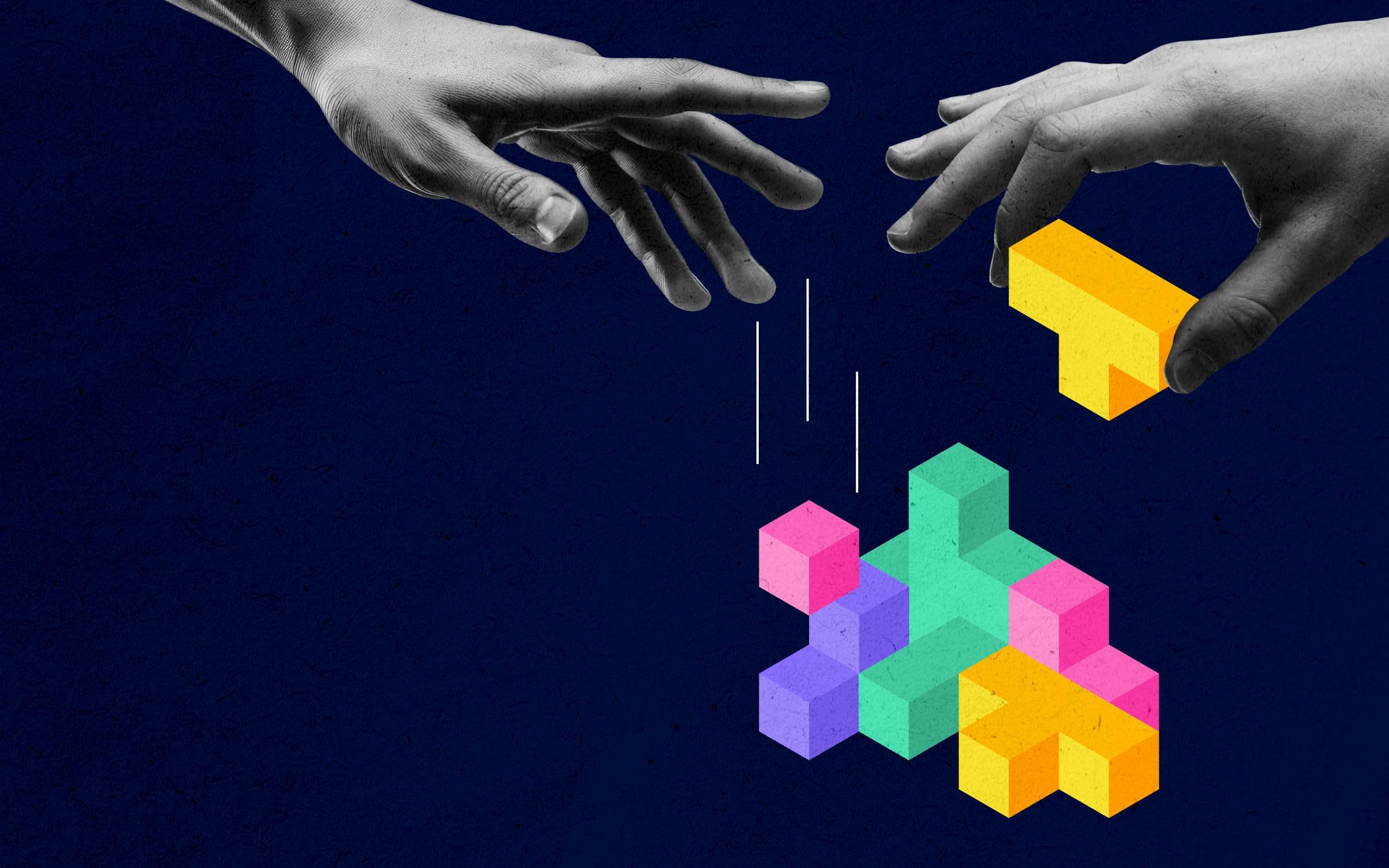 A stylized digital illustration of two hands reaching toward each other, one holding a yellow building block, as colorful geometric blocks form a structure below. The image symbolizes collaboration, inclusion, and the building of diverse, equitable workplaces. This accompanies an article offering DEI advice for HR leaders navigating policy shifts in the Trump era.