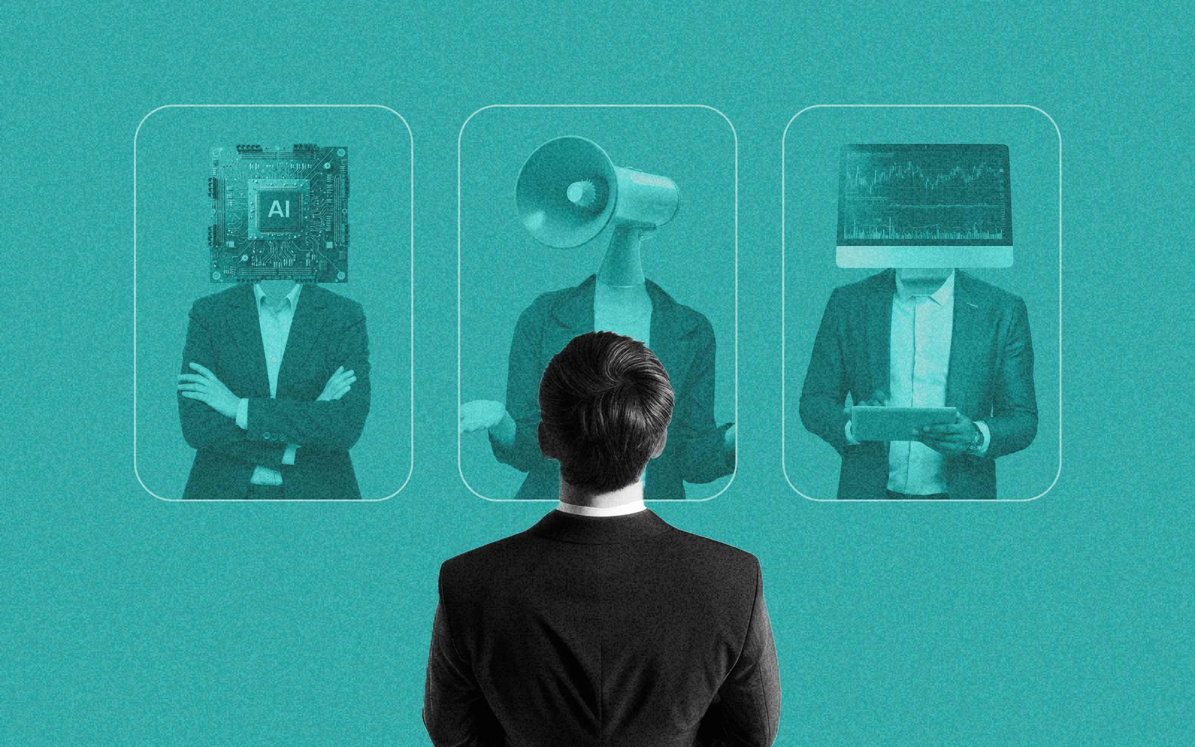 A business professional faces three choices representing AI-driven marketing automation: a figure with a circuit board head symbolizing AI intelligence, another with a megaphone head representing brand amplification, and a third with a screen displaying analytics for data-driven decision-making.