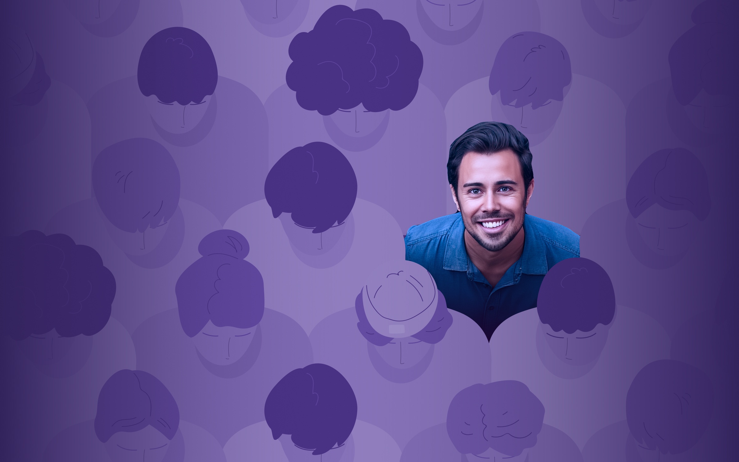 A conceptual illustration of standing out from the crowd. The background features a repeating pattern of stylized, purple-toned silhouettes of people with their heads slightly bowed, blending together in muted shades. In contrast, one smiling man in the foreground is shown in full color, wearing a blue shirt and looking directly at the viewer. His face is brightly lit and sharply detailed, emphasizing individuality, confidence and differentiation against the uniform purple crowd backdrop.