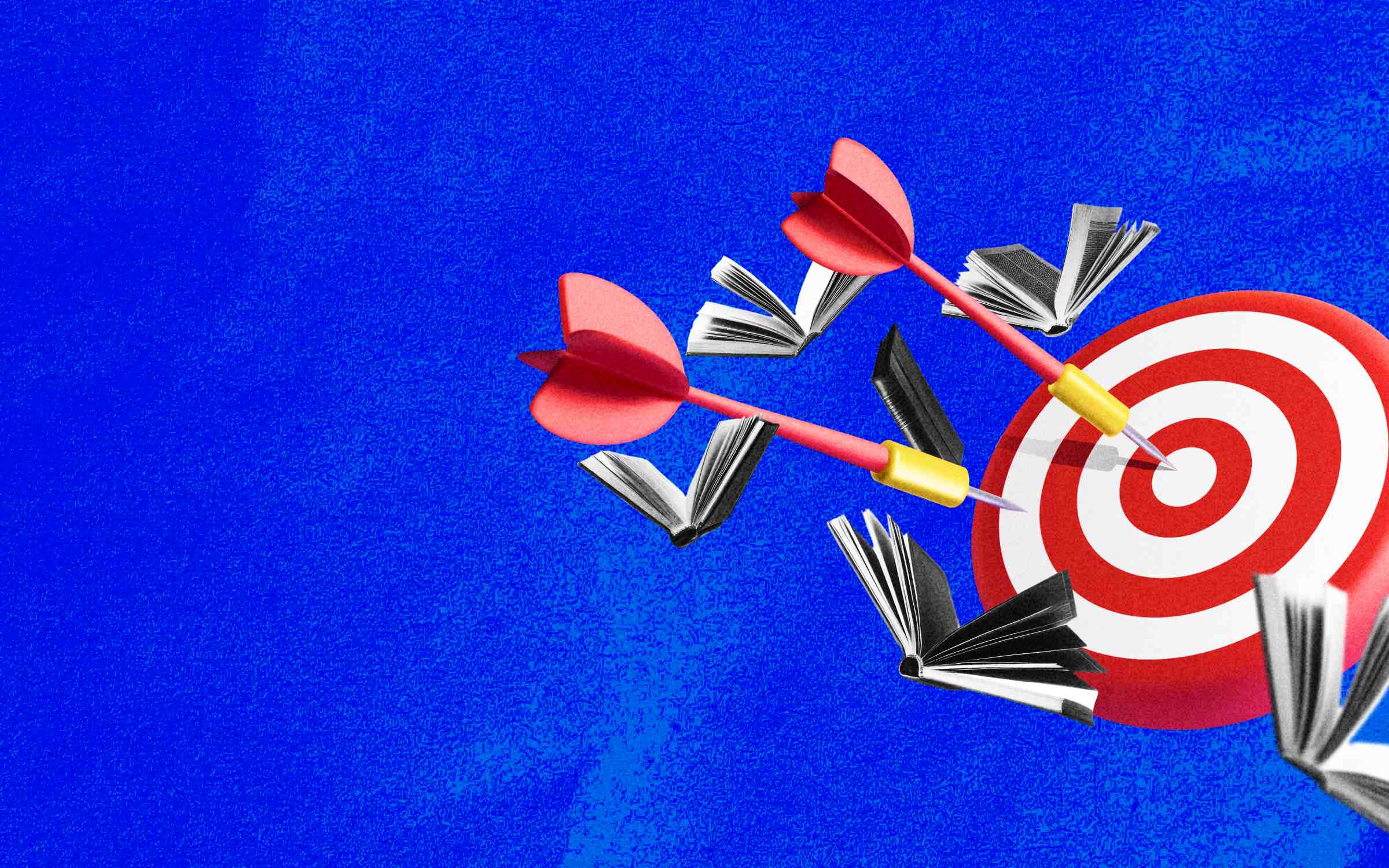 Illustration of red darts hitting a bullseye target, surrounded by open books, symbolizing strategic marketing knowledge and must-read books for marketing professionals.