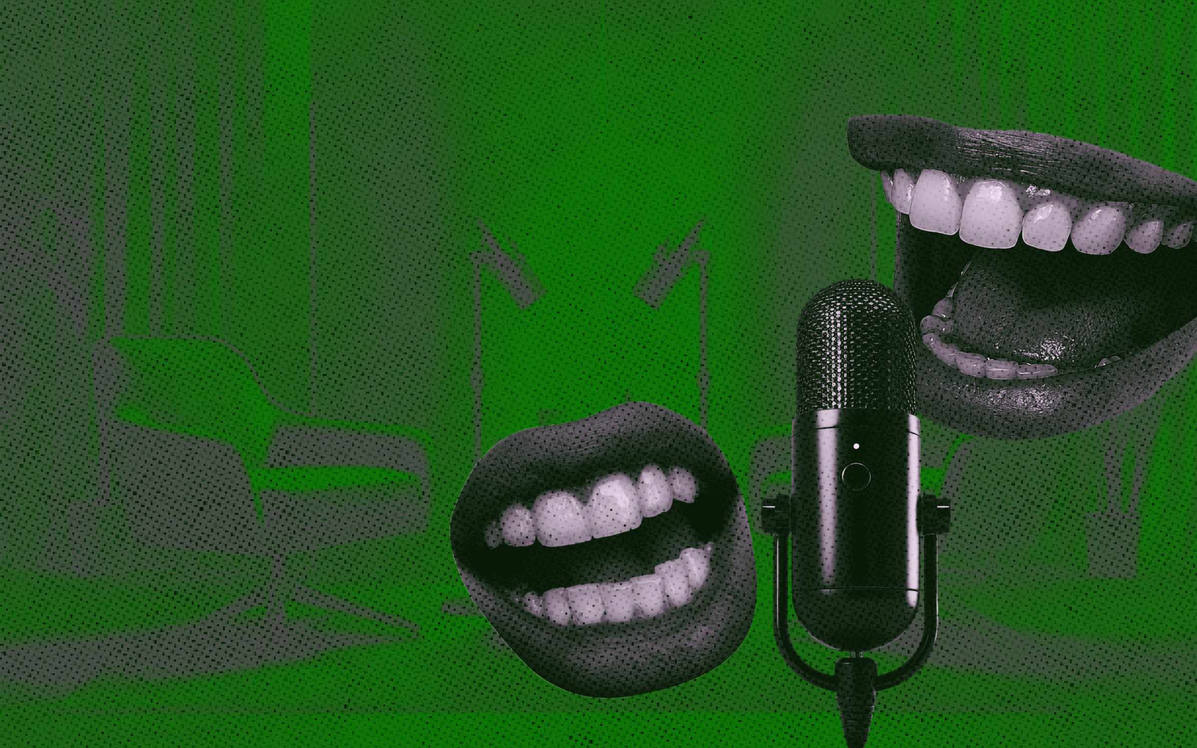 Stylized digital collage of a podcast setting featuring a microphone, abstract floating mouths in conversation, and a green-toned background with a modern lounge chair. The image represents dynamic discussions, bold voices, and engaging dialogue in the podcasting space.