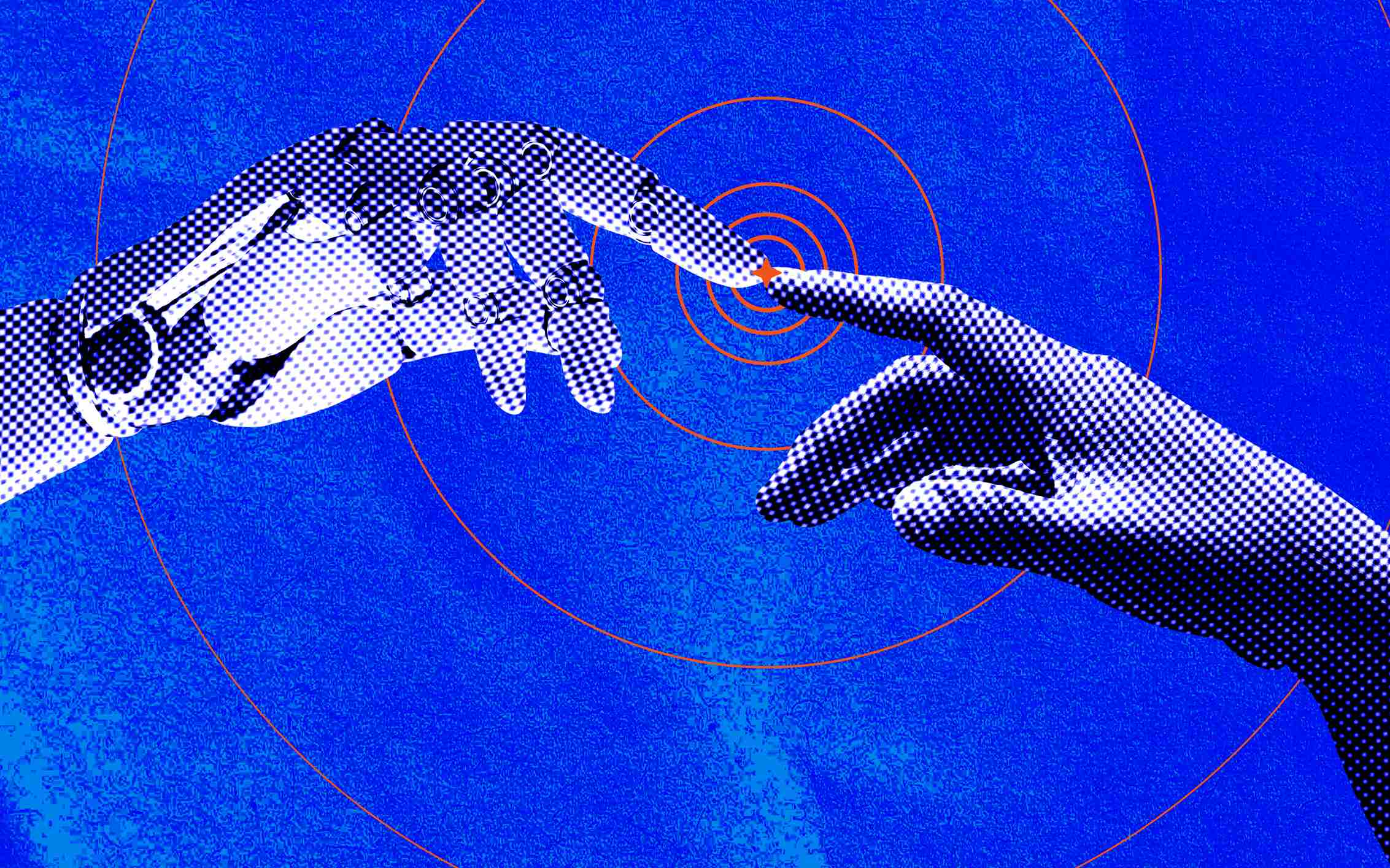 A digital illustration of a human hand and a robotic hand reaching towards each other, reminiscent of Michelangelo's "The Creation of Adam." The image features a blue halftone effect with orange concentric circles, symbolizing the intersection of artificial intelligence and human interaction in cybersecurity.