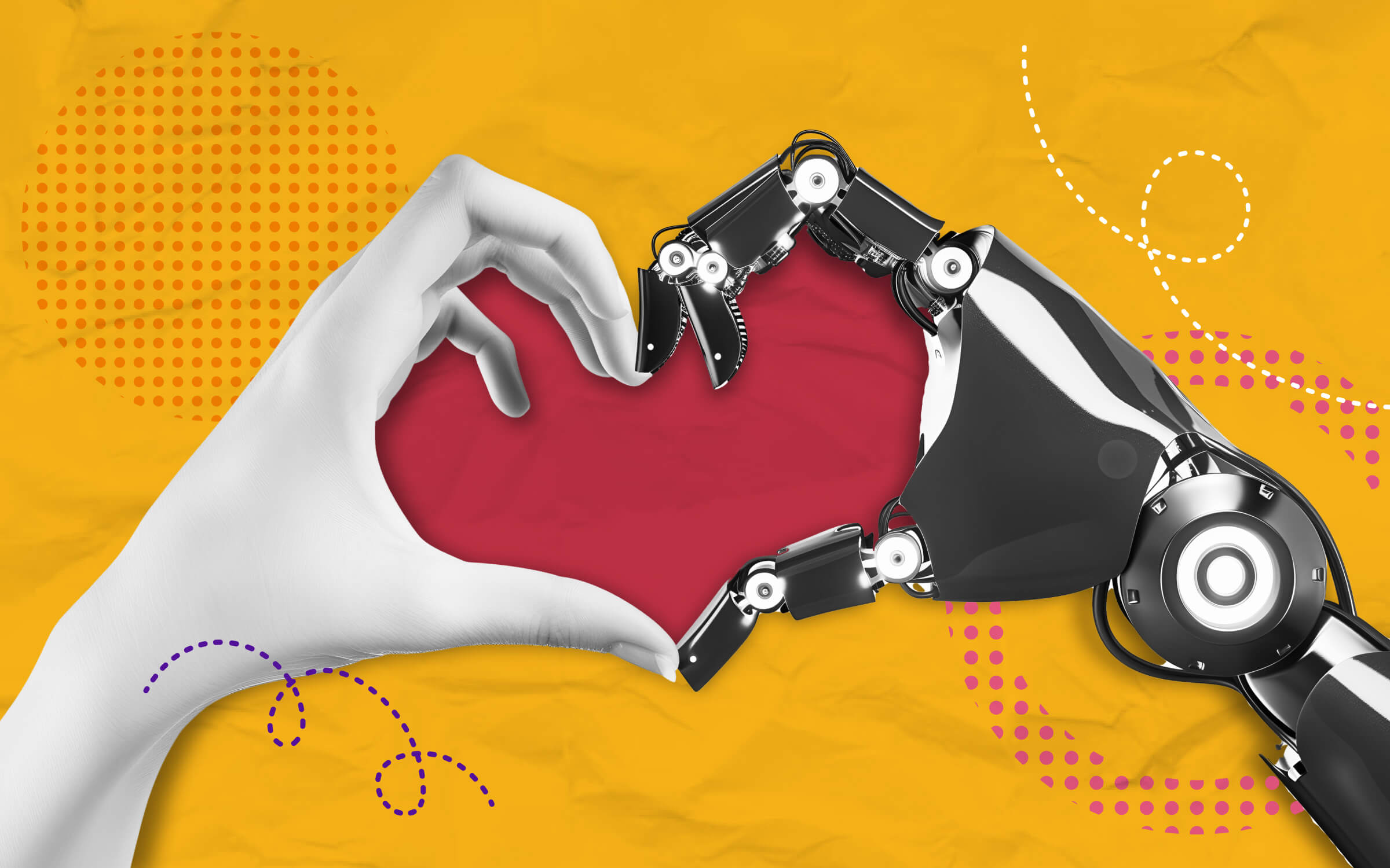 A digital collage featuring a human hand and a robotic hand forming a heart shape against a vibrant yellow background with abstract design elements. The image symbolizes the intersection of human and artificial intelligence, collaboration, and the evolving relationship between technology and global industries.