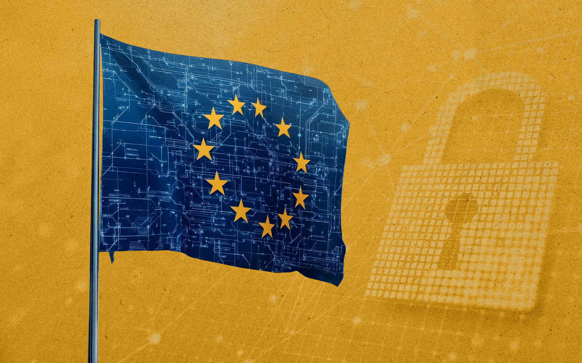 Illustration of European Union flag overlayed on AI regulation document, representing global impact of EU AI Act.