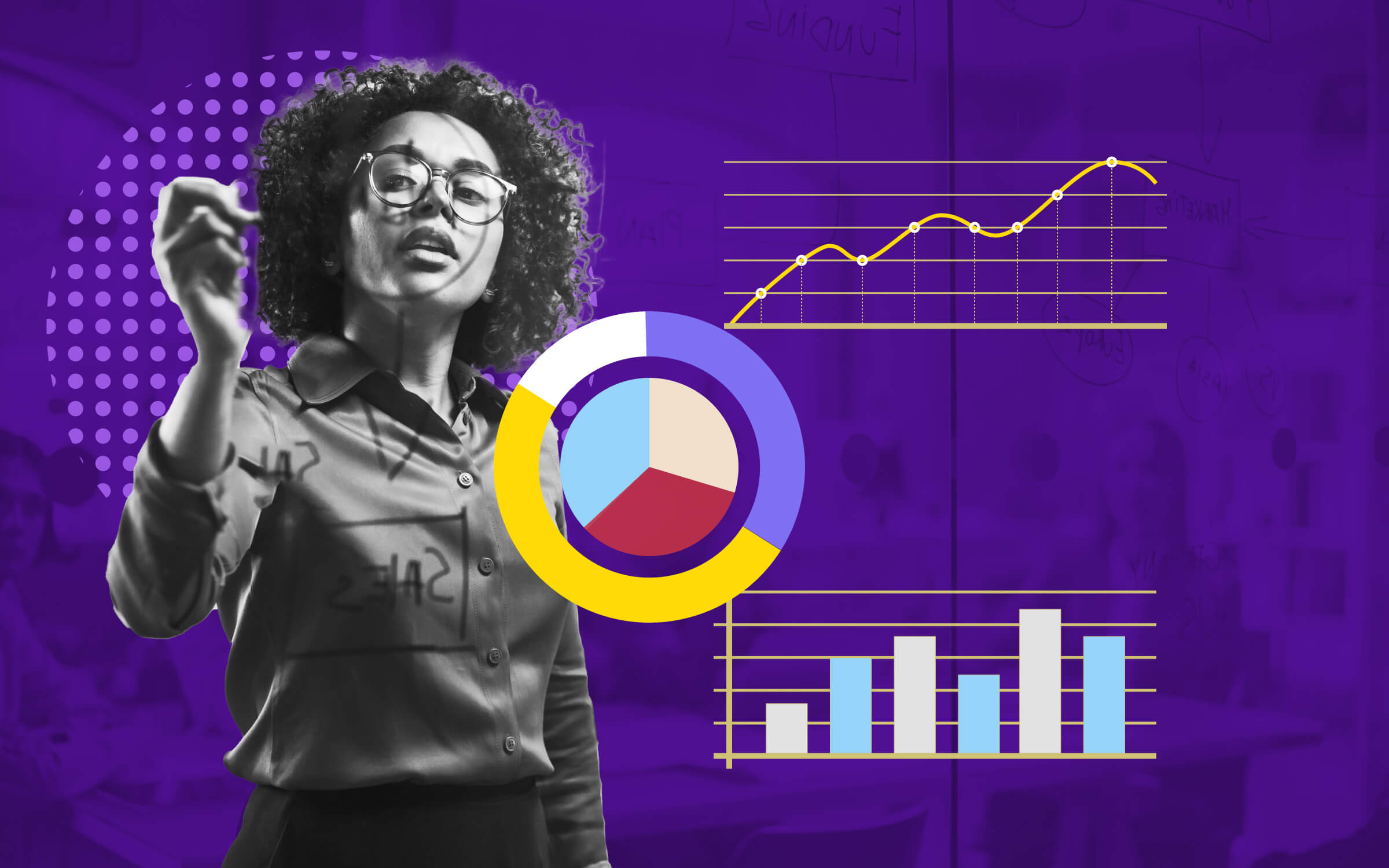 A business professional presenting marketing analytics and data insights on a transparent board, with digital graphs and charts overlayed. The image represents leadership development, data-driven decision-making, and strategic business growth in the modern workplace.