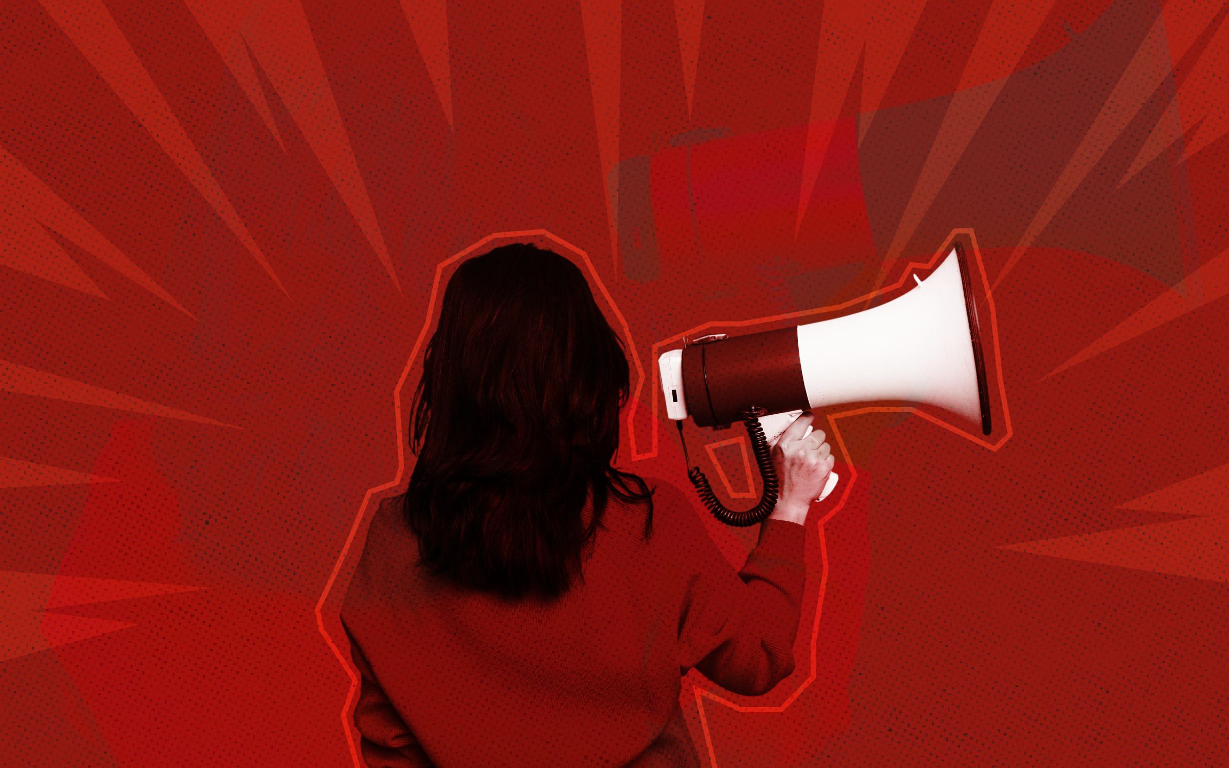Back view of woman holding a megaphone, symbolizing thought leadership and authentic brand voice in a digital age saturated with AI-generated content.