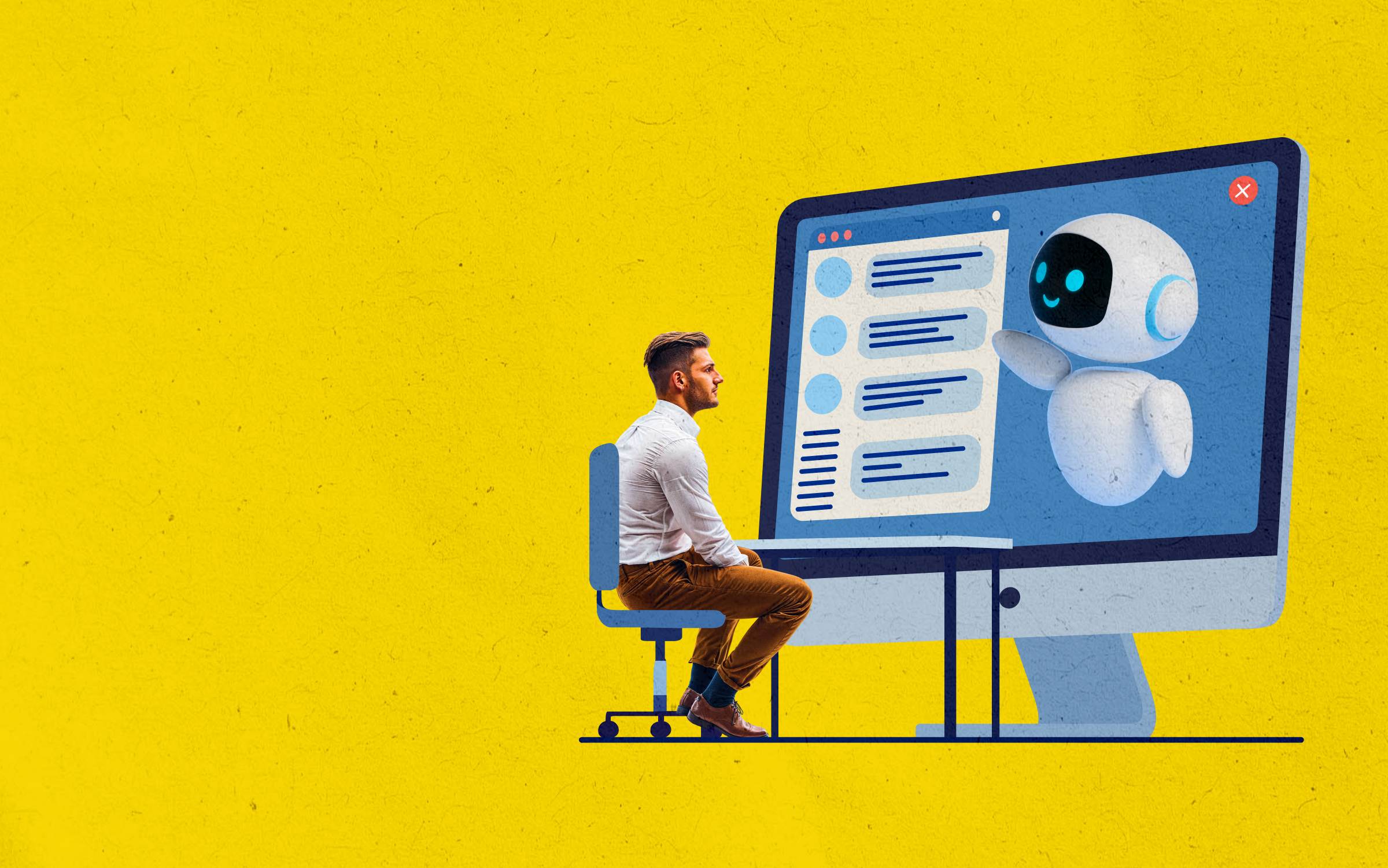 Illustration of a man interacting with a friendly AI assistant on a large computer screen, symbolizing human-AI collaboration, strategic automation, and emerging use cases of artificial intelligence in business decision-making and productivity.