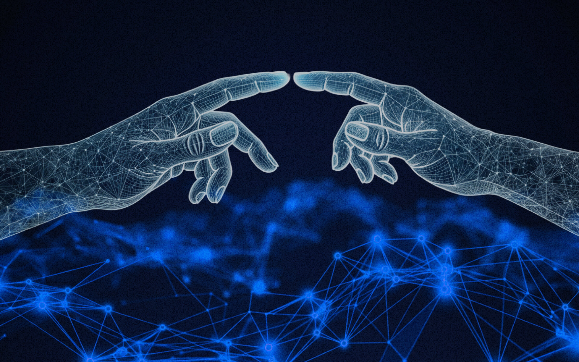 Digital illustration of two human-like hands made of interconnected neural network lines, reaching toward each other over a backdrop of glowing blue nodes—symbolizing the intersection of AI, connectivity, and human-machine collaboration.