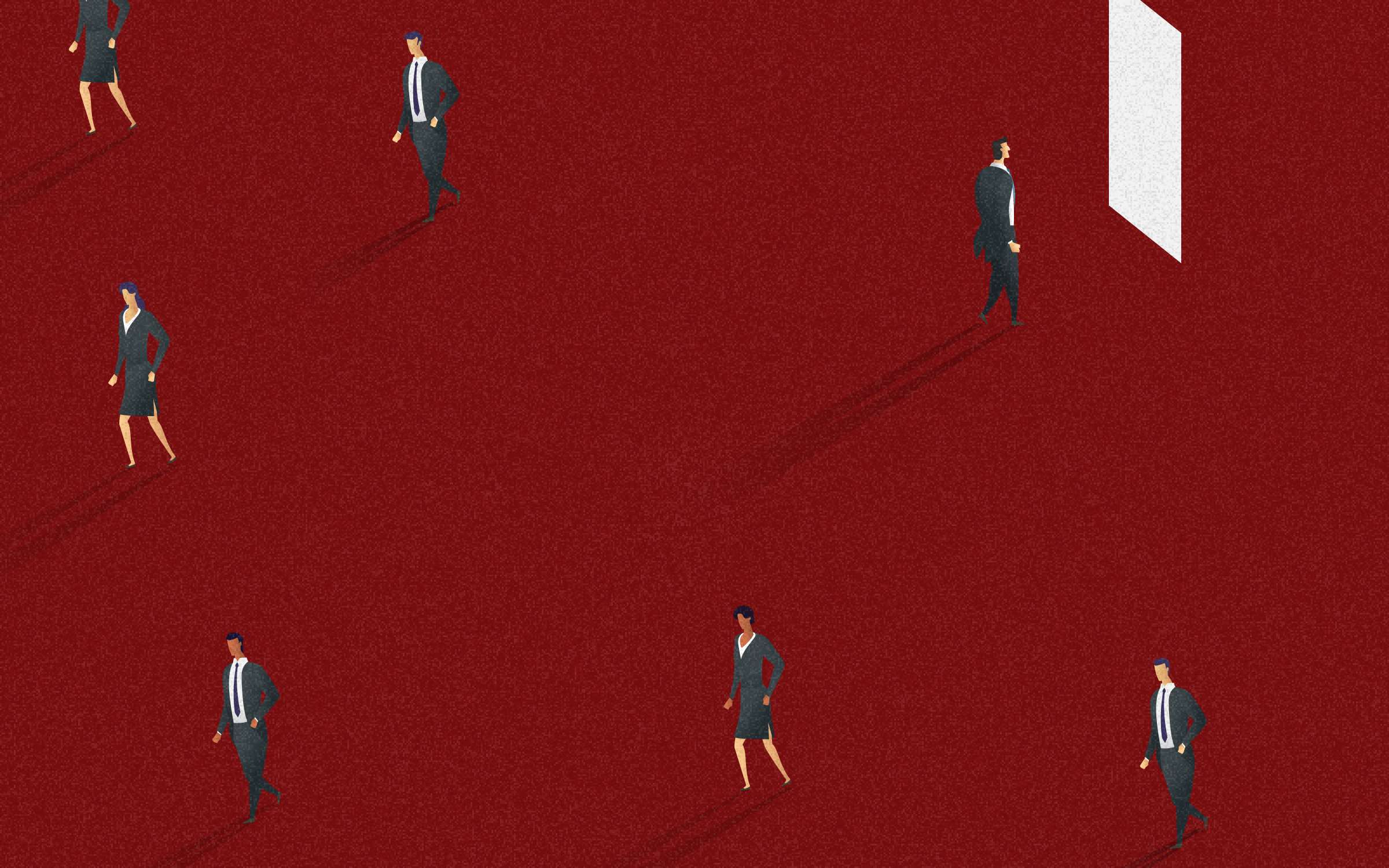 Illustration of business professionals walking across a red background, with one individual heading toward an illuminated doorway symbolizing employee disengagement, quiet quitting, and the search for workplace connection.