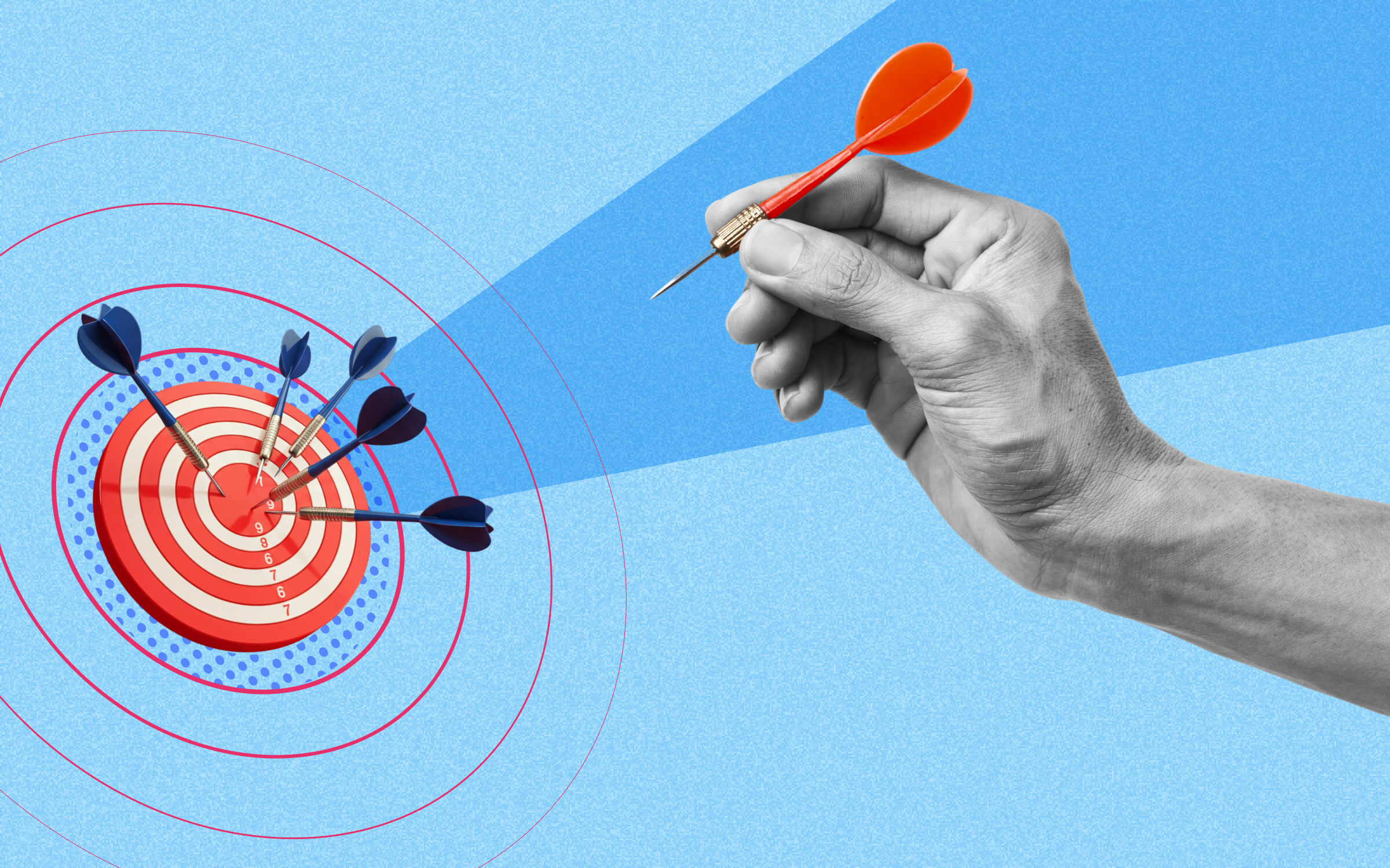 A hand prepares to throw a red dart at a target already filled with darts, symbolizing precision, focus, and repeated effort to hit the mark—representing how brands must consistently back up their values with action to build trust.