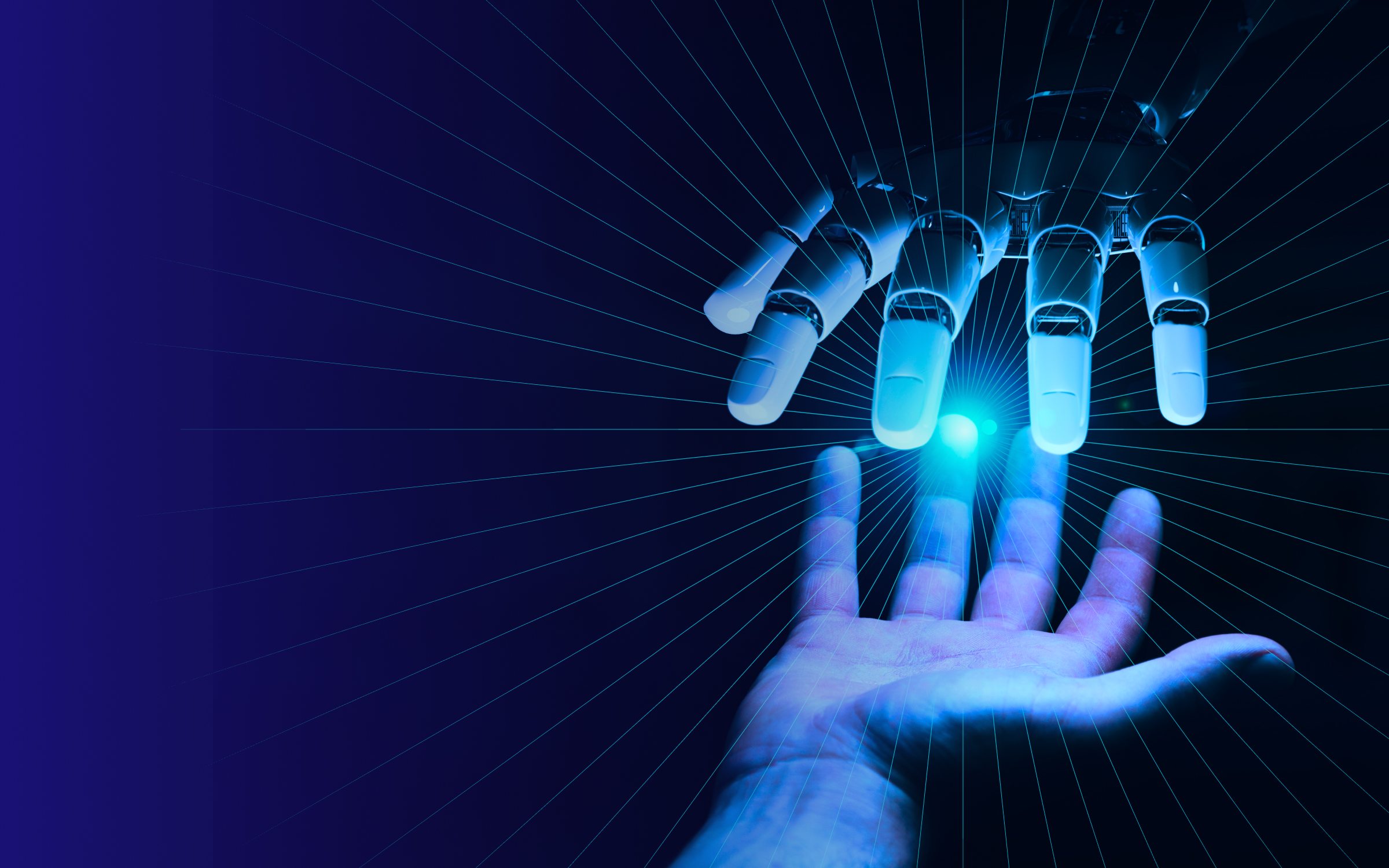 Futuristic digital illustration showing a robotic hand reaching out to touch a human hand, symbolizing the collaboration between artificial intelligence and human decision-making.