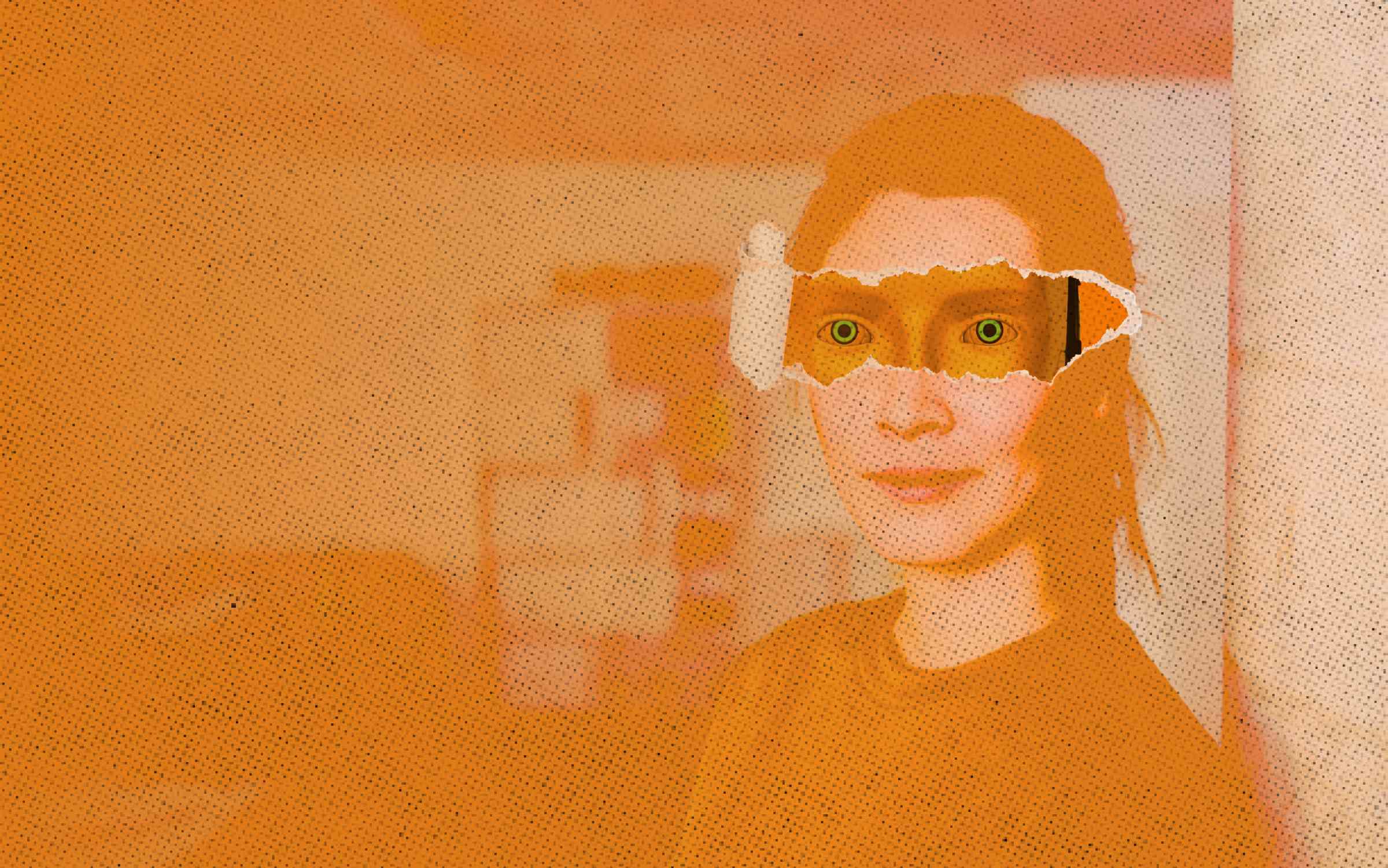 Illustration of a woman's face partially torn away at the eyes to reveal a robot underneath, symbolizing the tension between human authenticity and artificial intelligence in brand communication.