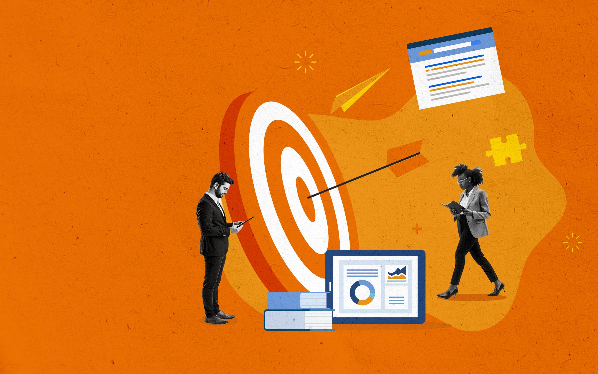 Professionals analyze charts and graphs displayed near a central bullseye target, symbolizing how AI-powered dashboards are evolving from static reports to strategic, goal-oriented decision-making tools.