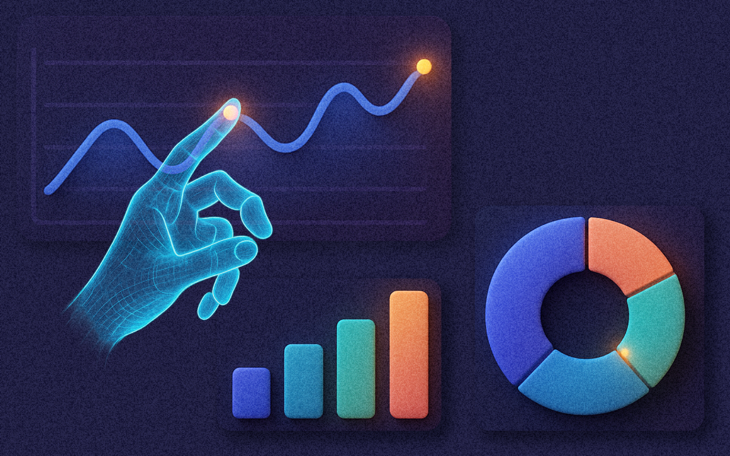 Futuristic digital hand interacting with data analytics dashboard, featuring bar graph, line chart, and segmented donut chart—symbolizing AI-driven customer personalization, marketing analytics, and data insights.