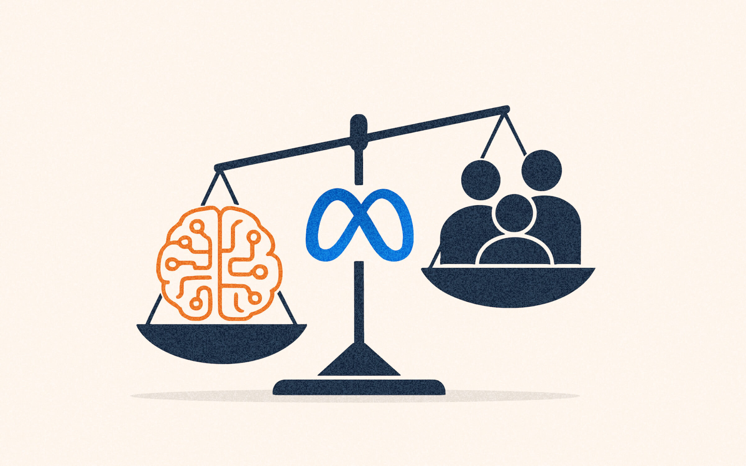 Illustration of a balanced scale with Meta's logo in the center, weighing a stylized orange AI brain icon on one side and a group of people on the other—symbolizing the tension between AI automation and human creativity in advertising.