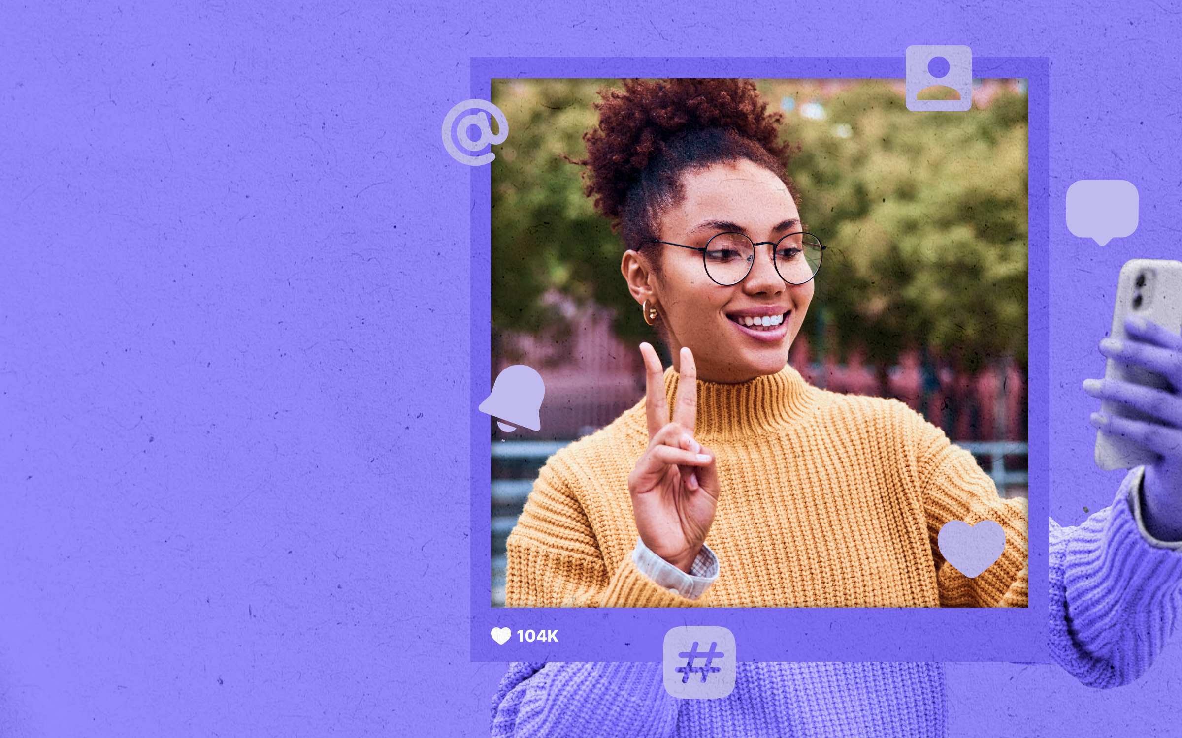 Smiling young woman wearing glasses and a yellow sweater taking a selfie outdoors while flashing a peace sign, symbolizing social media engagement; digital overlay includes icons for likes, followers, and hashtags.