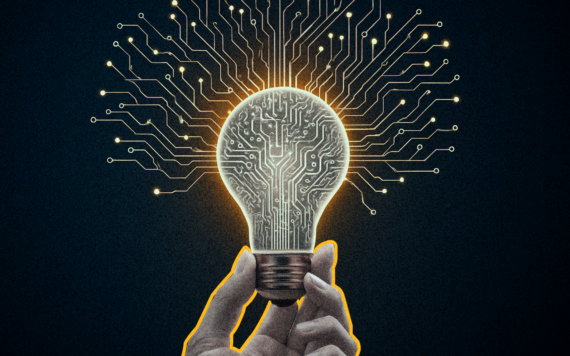 Hand holding a glowing lightbulb with integrated circuit patterns, symbolizing AI-powered innovation in education and the transformation of teaching through technology.
