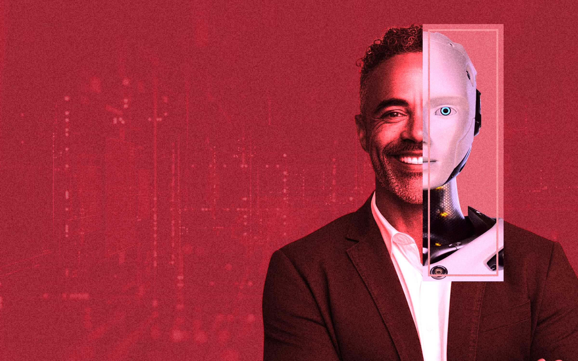 A male worker standing with half of his face displayed as a robot on a red background. This image can represent how AI threatens human employment or mixing artificial intelligence with human work.