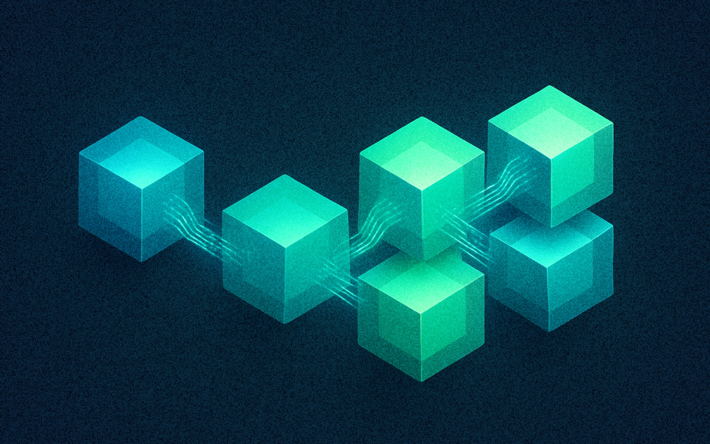 Abstract digital illustration of interconnected blockchain data blocks representing decentralized technology, smart contract automation, and enterprise blockchain infrastructure.