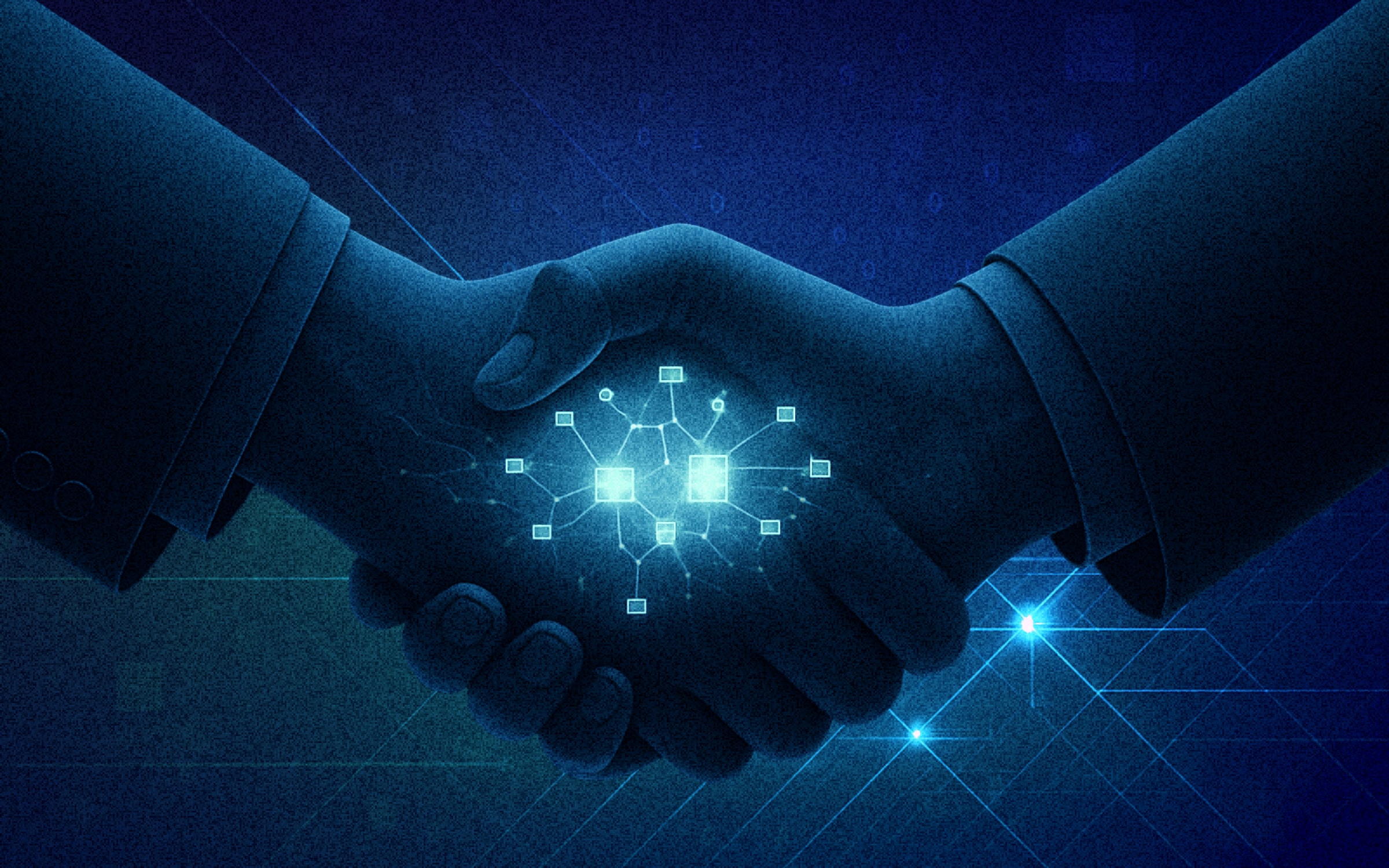 Two abstract hands (like silhouettes or outlines) meeting in a handshake, with a stylized blockchain pattern or digital lines overlaying the connection point, symbolizing smart contracts and trust