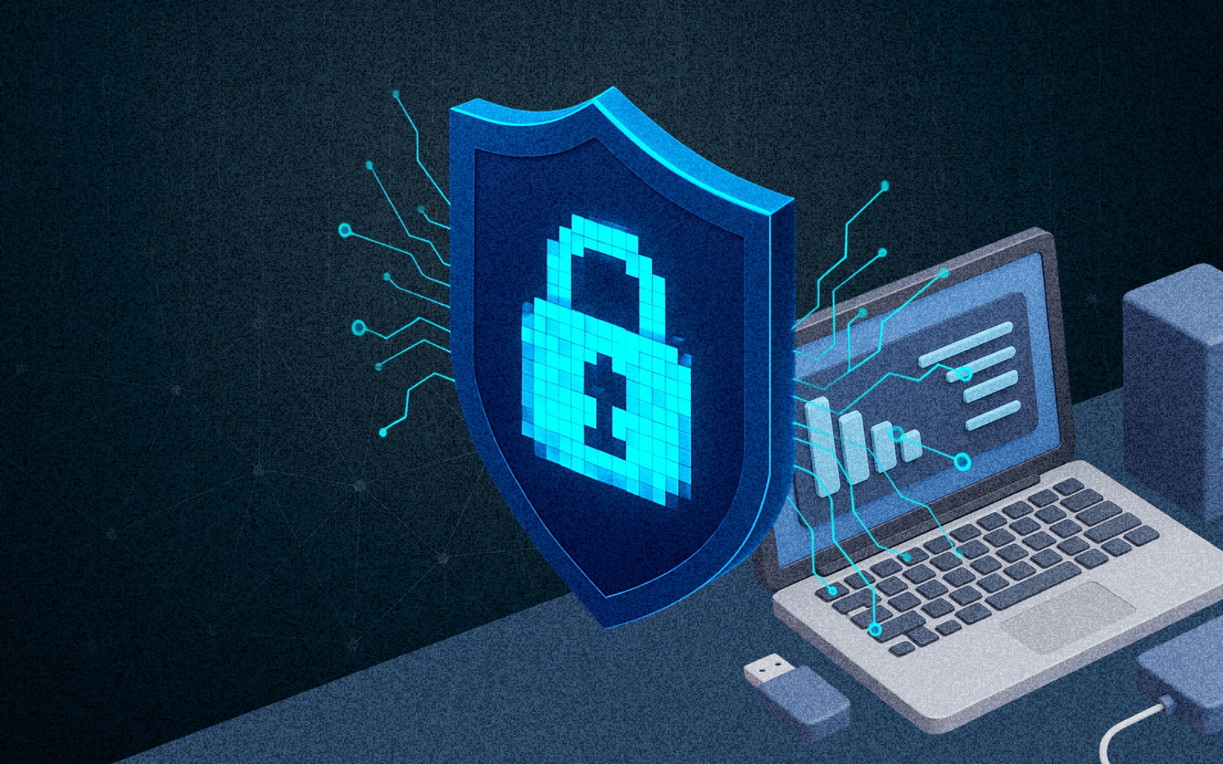 A modern, sleek shield icon seamlessly integrated with a digital lock or keyhole element, symbolizing protection and security in the digital realm or hardware safety.