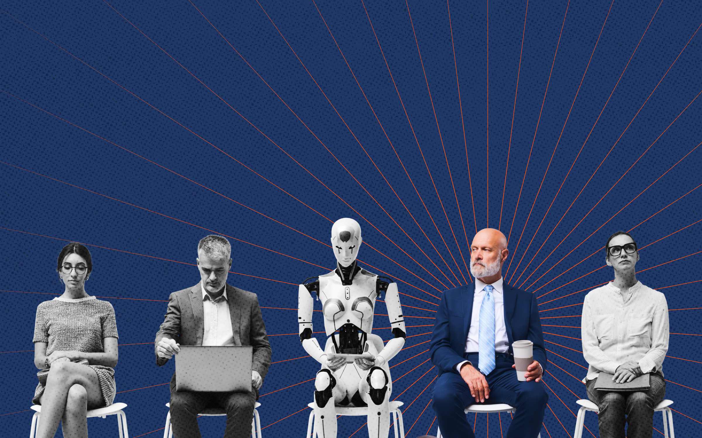 AI robot sitting among human professionals, symbolizing artificial intelligence integration in government jobs and public sector decision-making.