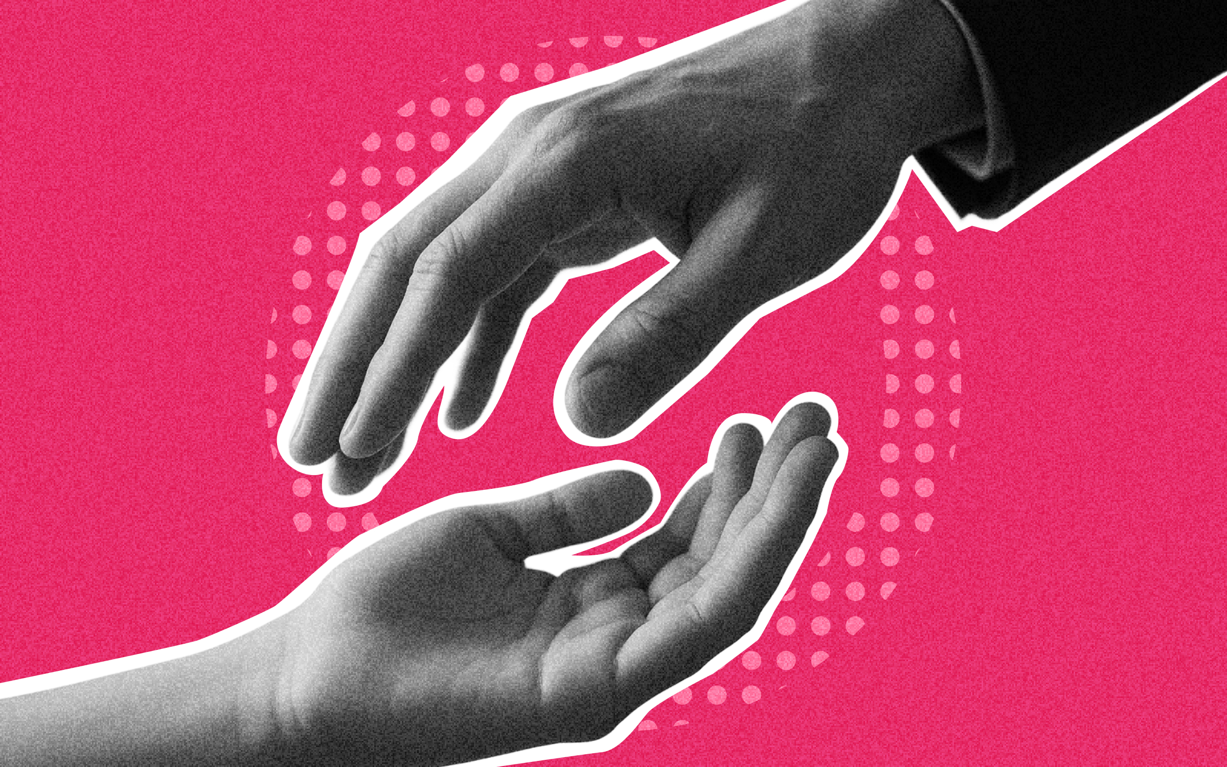 Black and white image of two hands reaching out on a red background, symbolizing workplace support, empathy, and inclusive leadership.