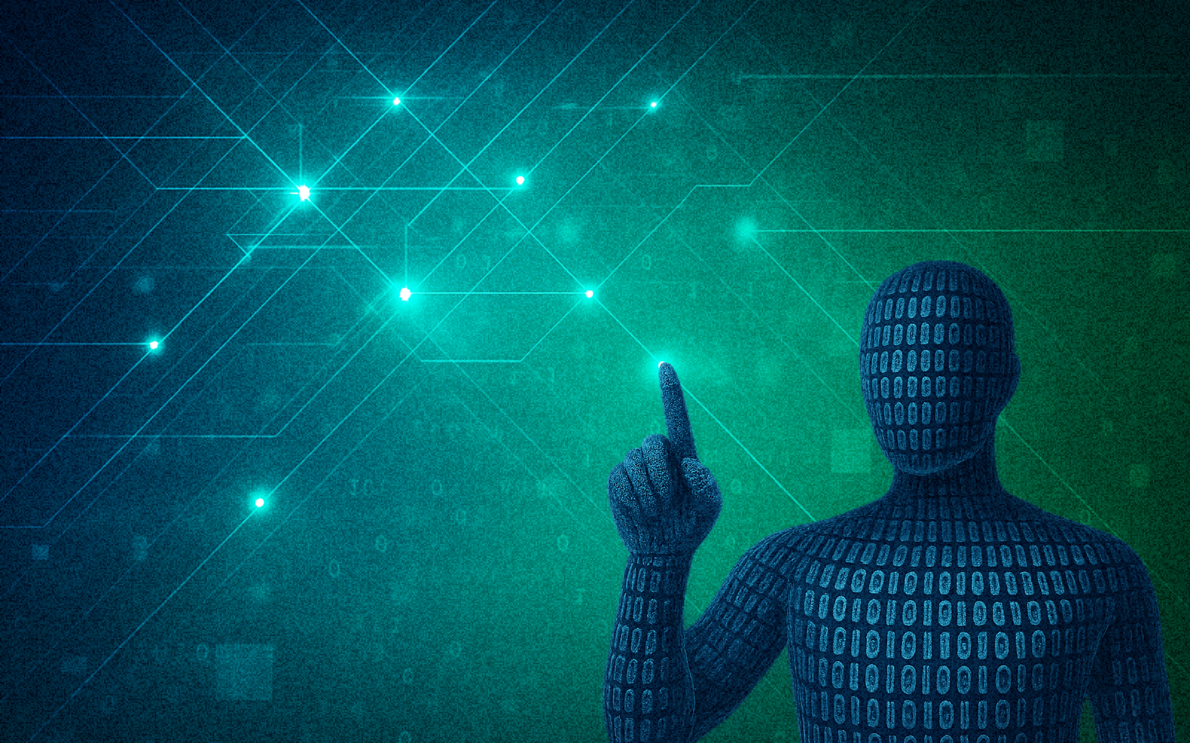Digital illustration of a humanoid figure made of binary code interacting with a glowing network interface, symbolizing AI-driven content moderation and machine learning in online communities.