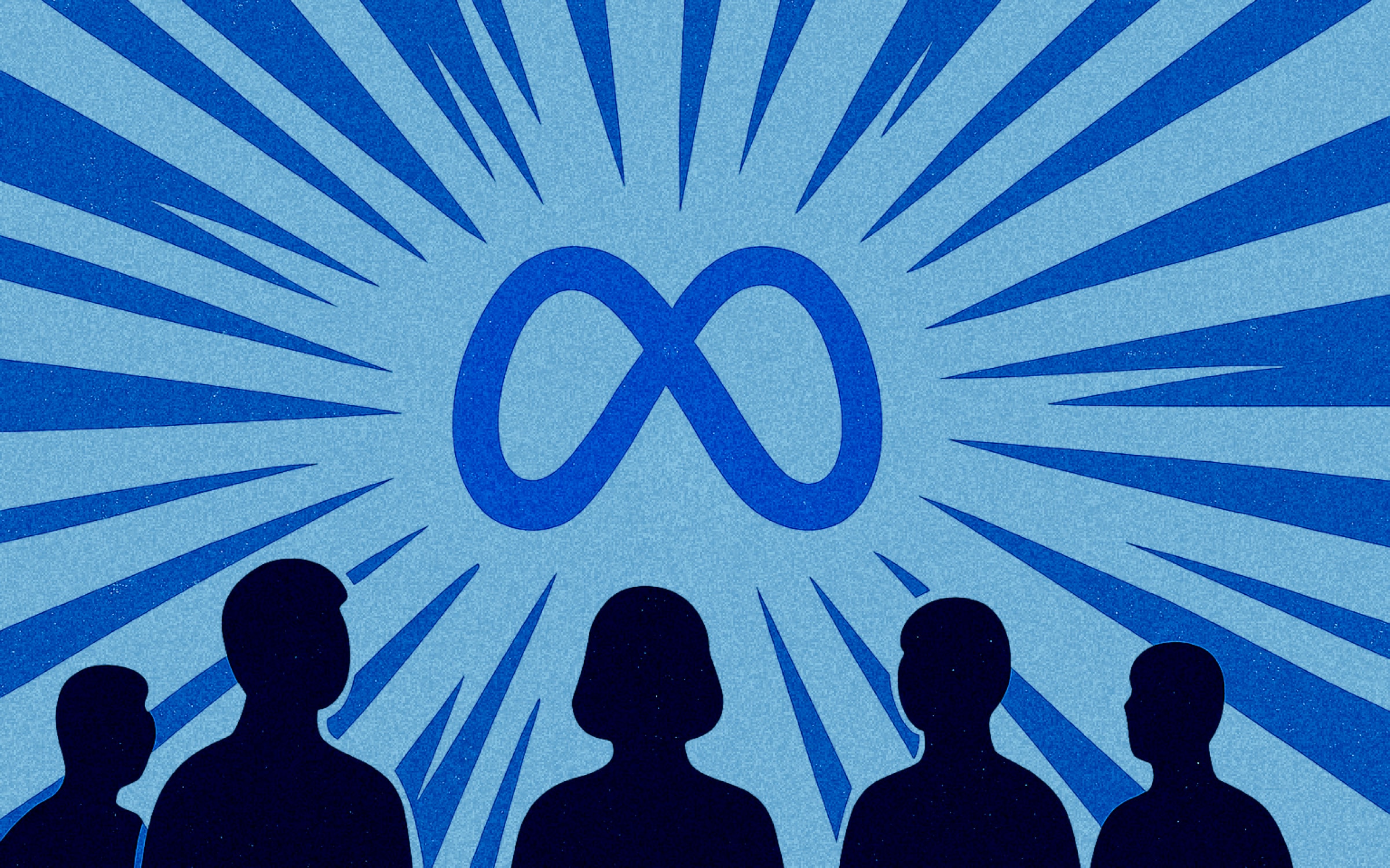 The Meta logo with bold, dynamic lines radiating outwards, suggesting a significant or "bold" move. In the foreground or background, subtle silhouettes of a marketing team could be shown observing or interacting with these radiating lines.