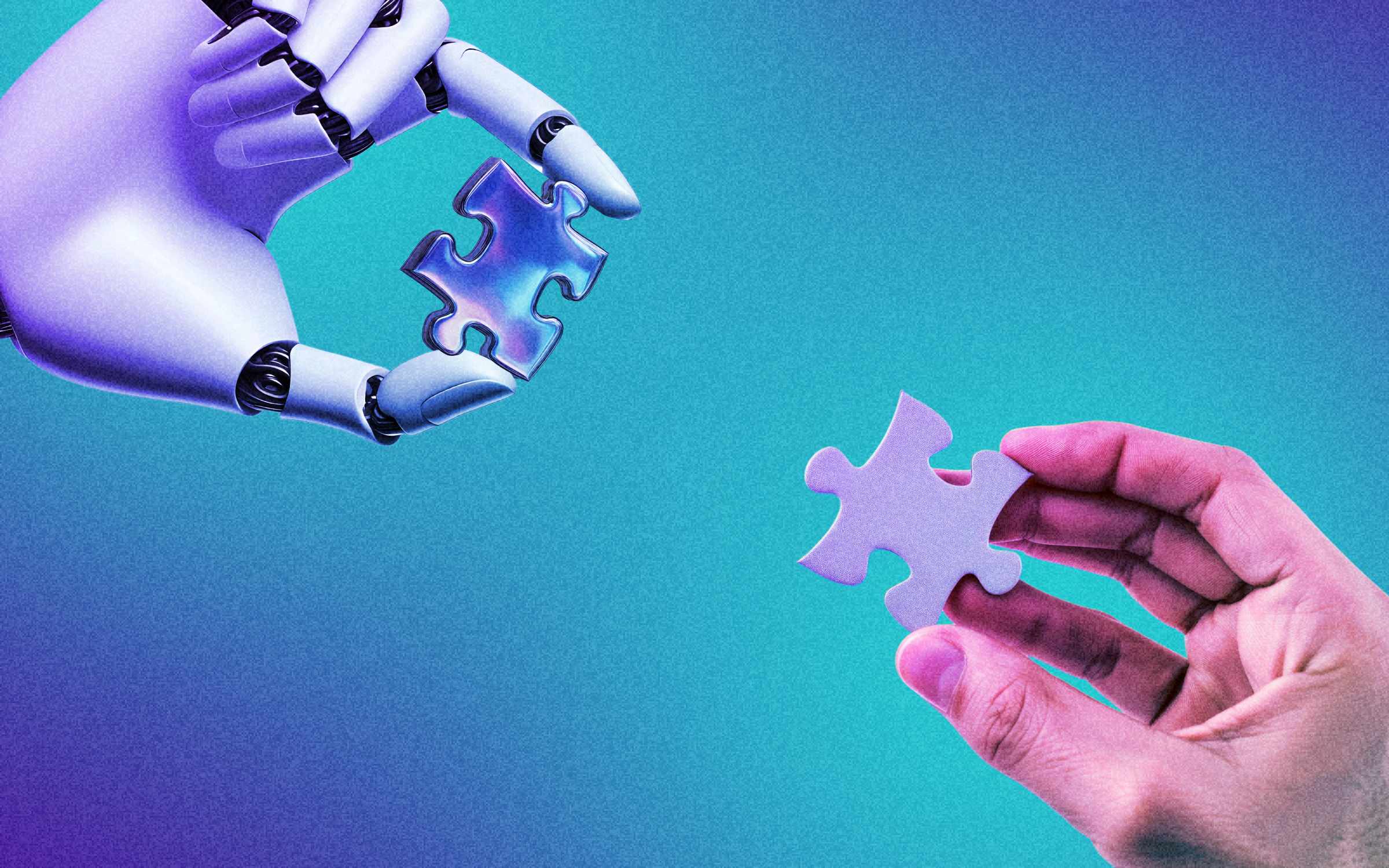 Image of a robot hand holding a puzzle piece that matches to a puzzle piece held by a human hand on a solid blue background. The image represents the merging of AI and human connection.