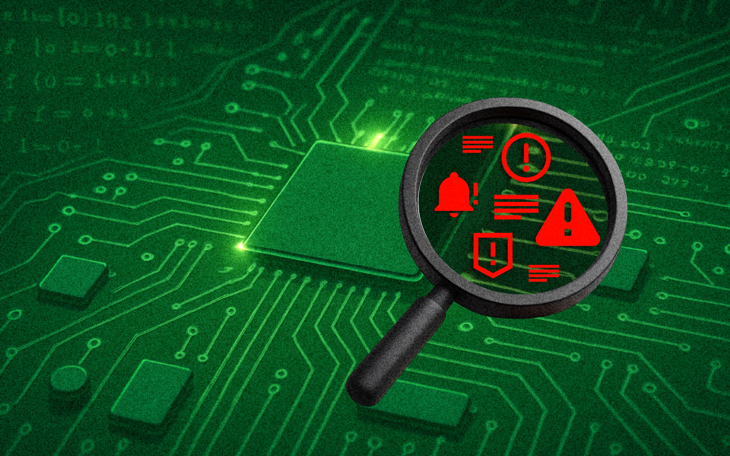A stylized magnifying glass hovering over abstract digital threats (e.g., scattered red warning symbols, fragmented code), representing threat detection and vigilance