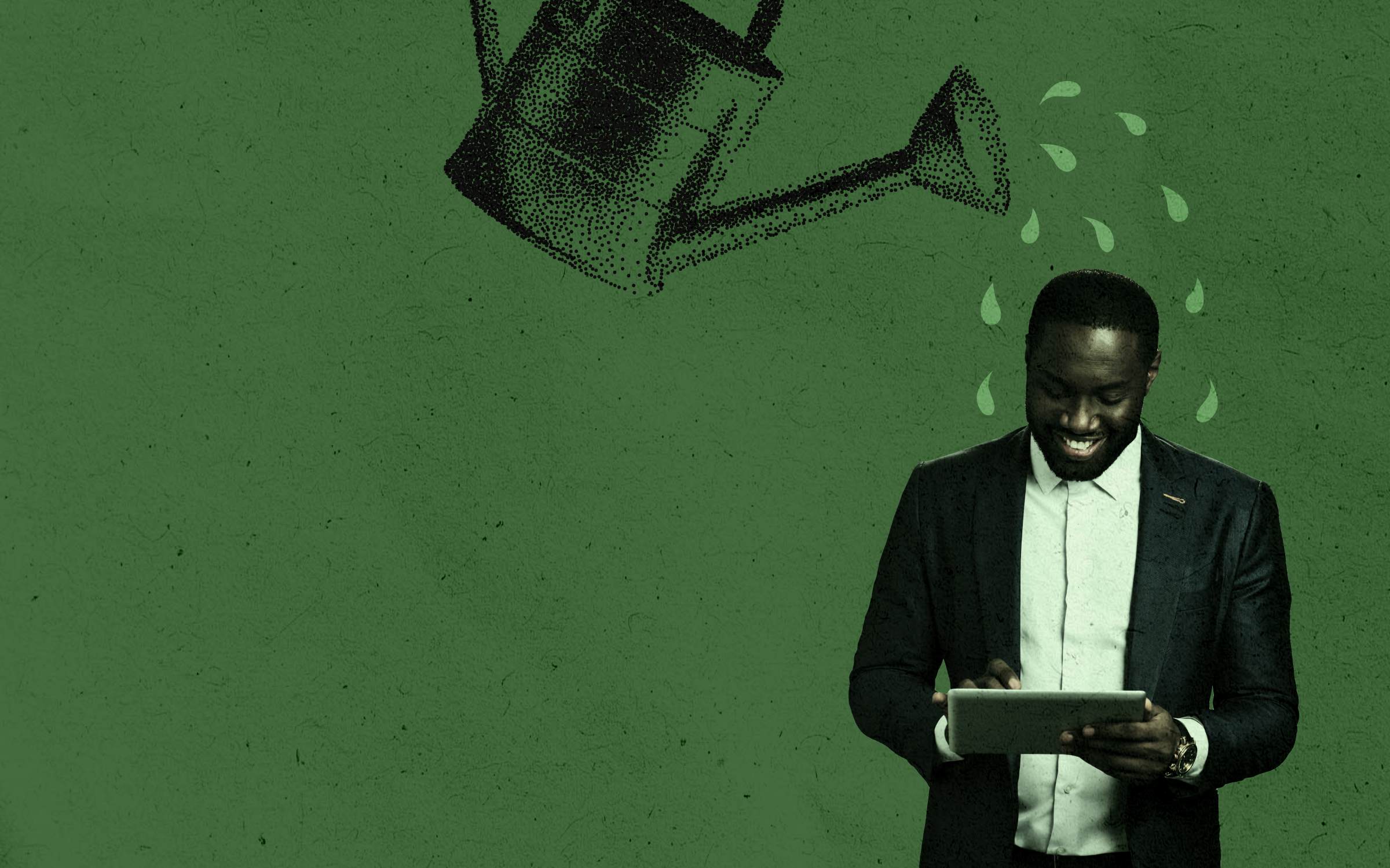 A man in a suit is holding a tablet. Above his head, there's a watering can pouring water droplets onto him. The background is a bright green. This image represents professional and educational growth with the help of an influence or mentorship that provides the necessary resources and support to foster growth.