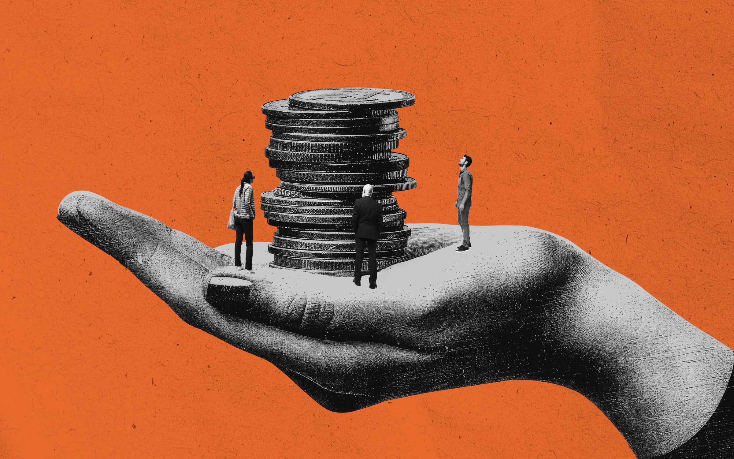 A large hand holds a stack of coins, while the three small human figures observe against an orange background. The image symbolizes a sense of control or authority over wealth, dynamics around economy, power, and opportunity. It can also imply money transparency.