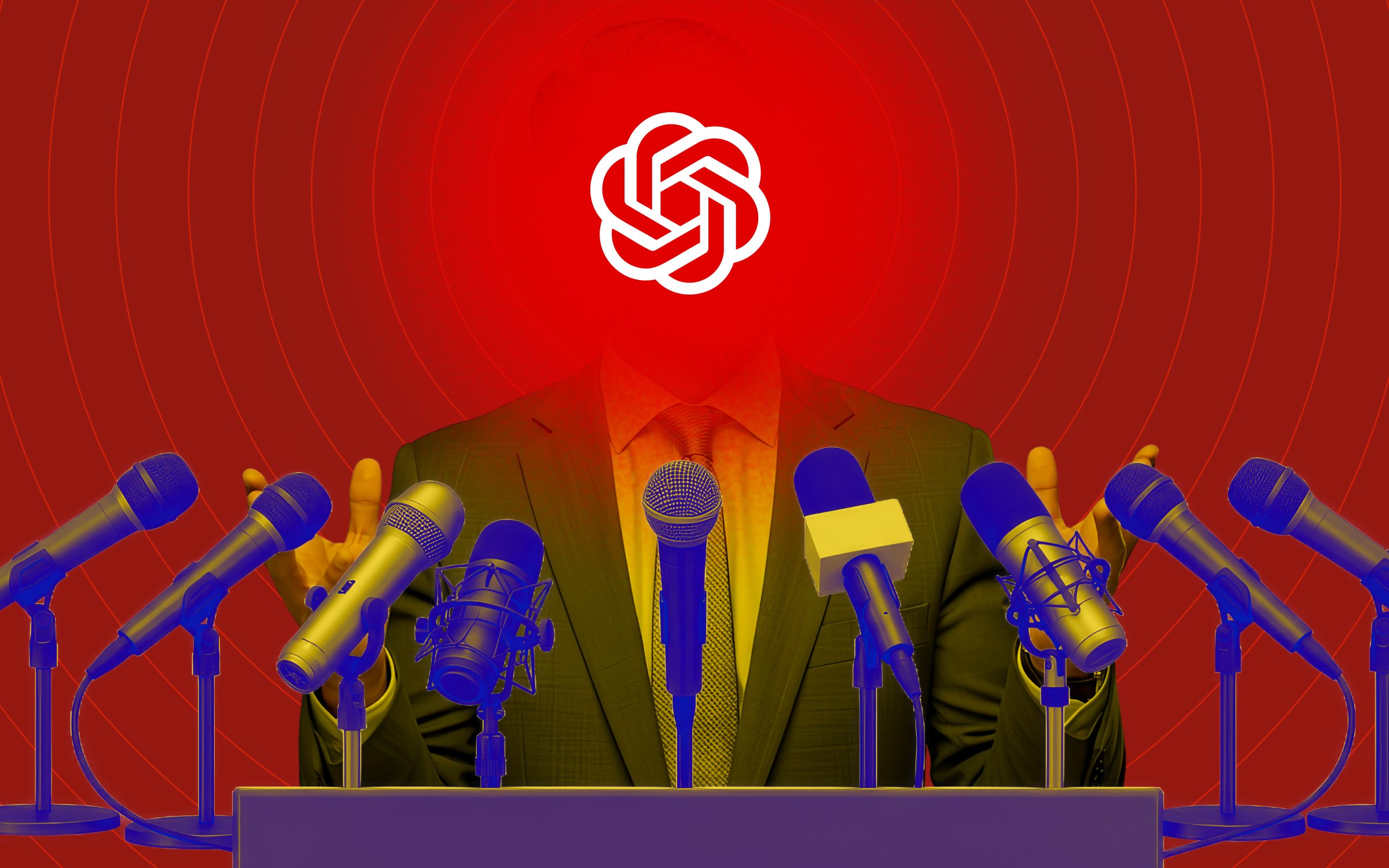 A press conference setup, with a person standing behind a podium surrounded by multiple microphones, all aimed forward. However, instead of a human face, the figure’s head is replaced by the OpenAI logo, making the entity clearly representative of artificial intelligence. Thematically, it explores AI as spokesperson, blending corporate branding with human-like roles in media and communication, the rise of AI in public discourse, technology, ethics, innovation, digital identity, media influence, and transparency in AI communication.