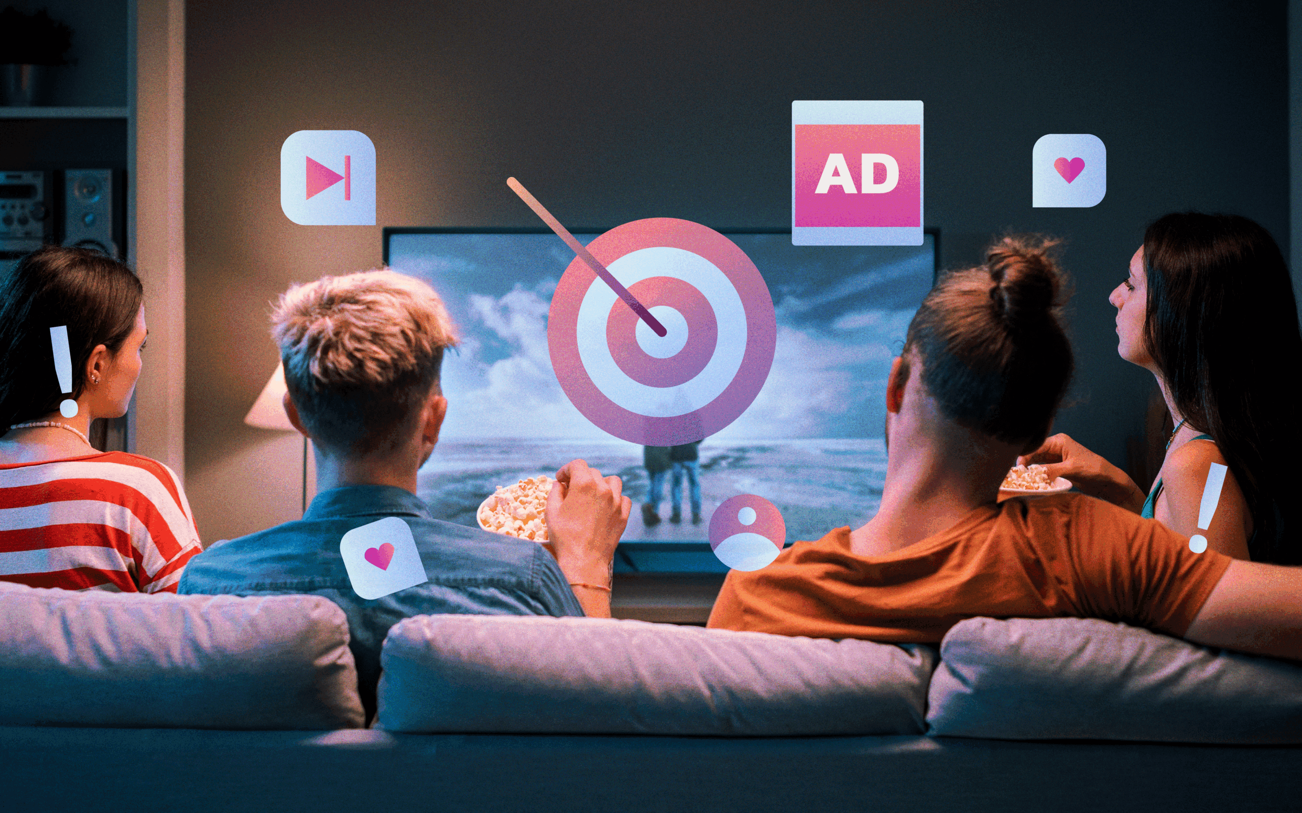 A group of people watching TV. A target with an arrow in the center is on the TV screen, and icons including a play button, the word "AD" and a heart are scattered over the image. Advertising on streaming media or connected TV concept.